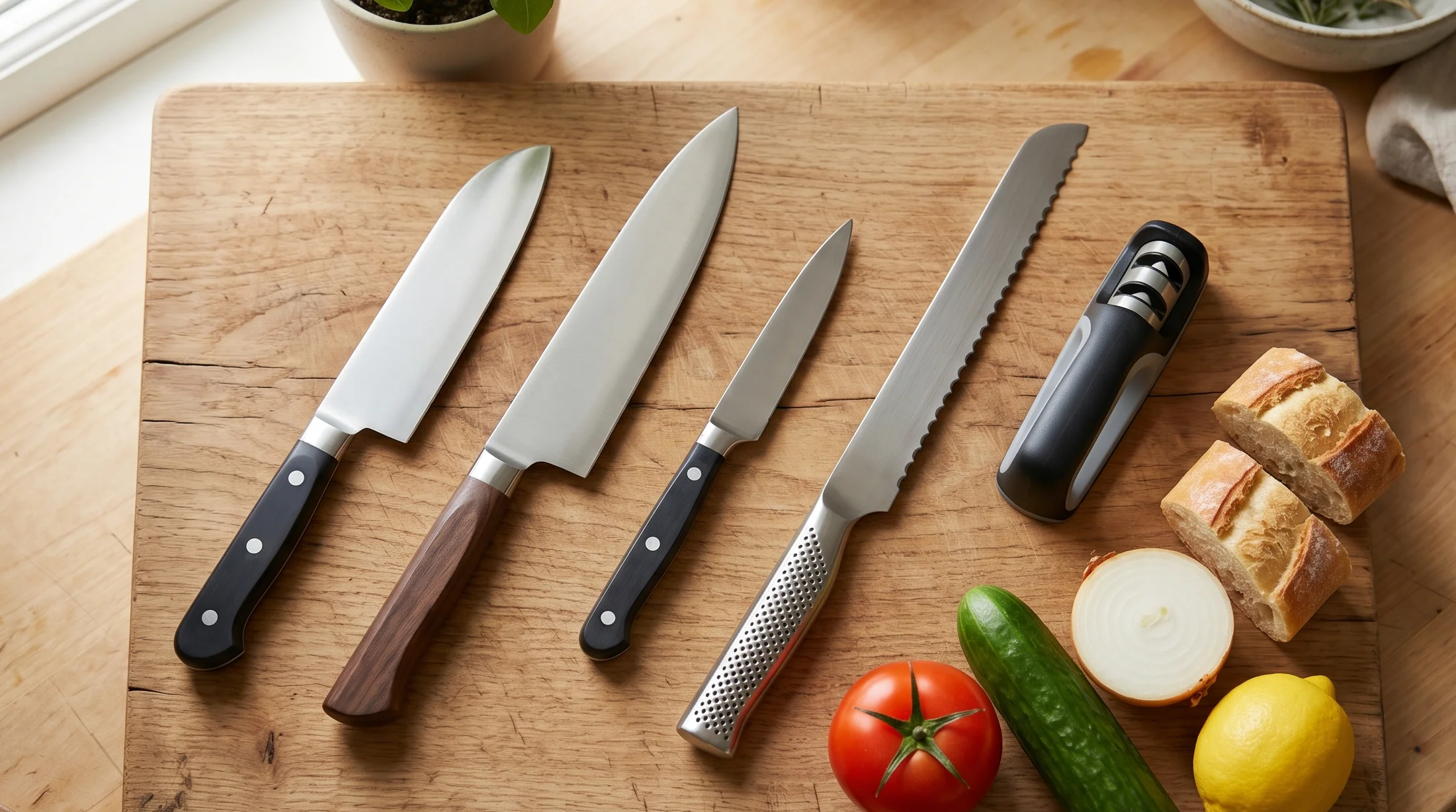 木のまな板の上に並べられた三徳包丁・ペティナイフ・牛刀など5本の包丁と、横にトマトとキュウリが置かれたシーン