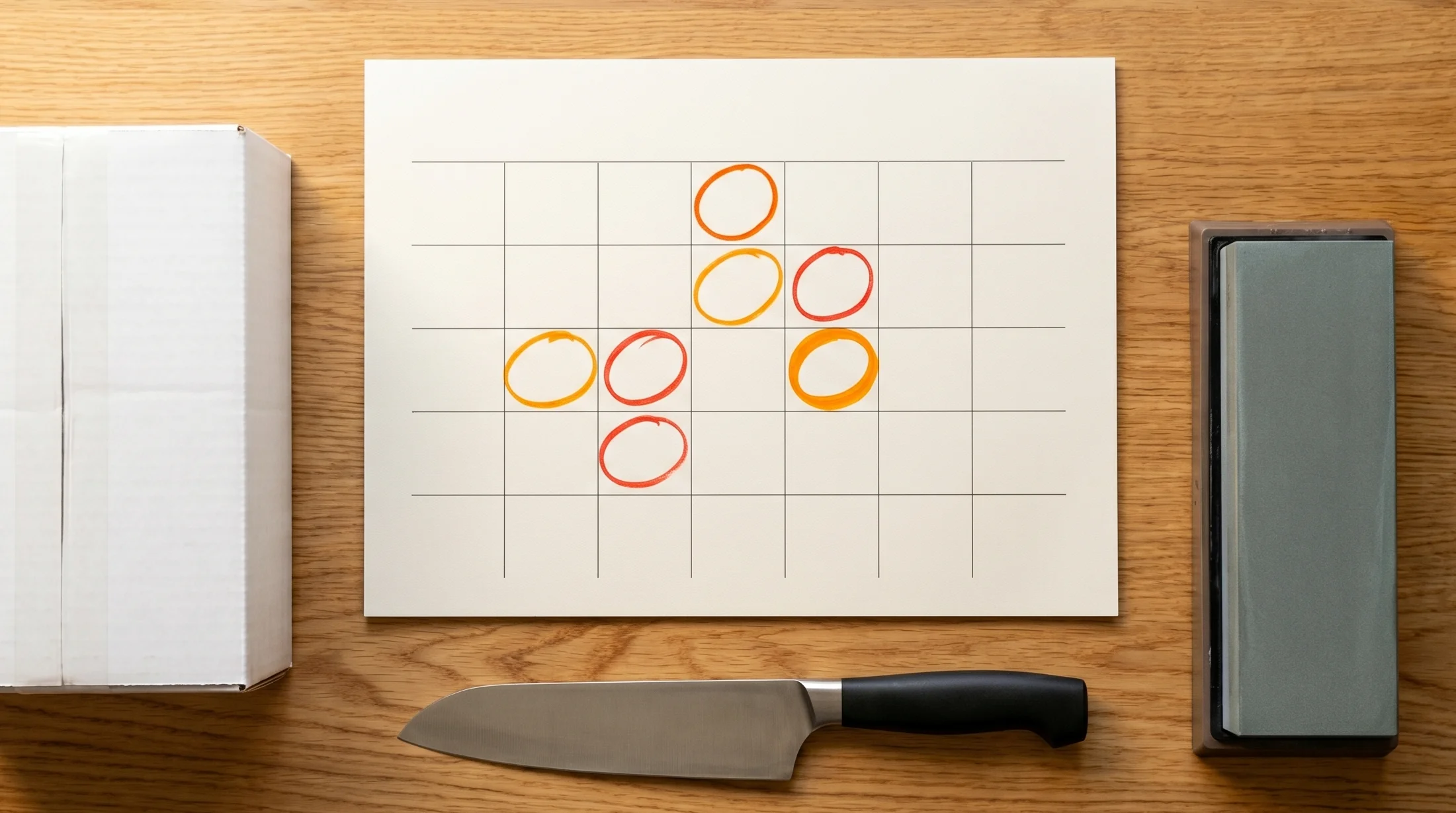 カレンダーにGW初日が丸で囲まれ、横に包丁と砥石、購入伝票が並んだ机の上の俯瞰シーン