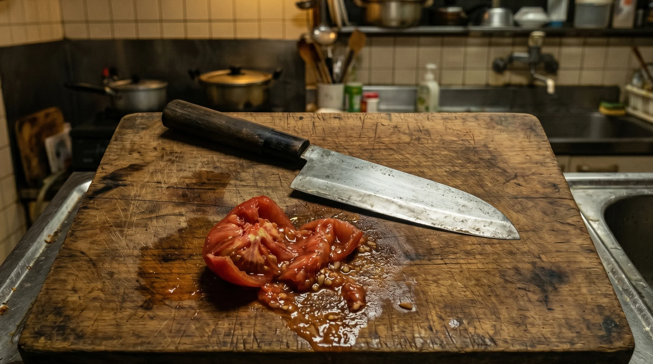 実家の古い木製まな板の上で、切れない古い包丁とトマトが並び、潰れた果肉が飛び散っているシーン