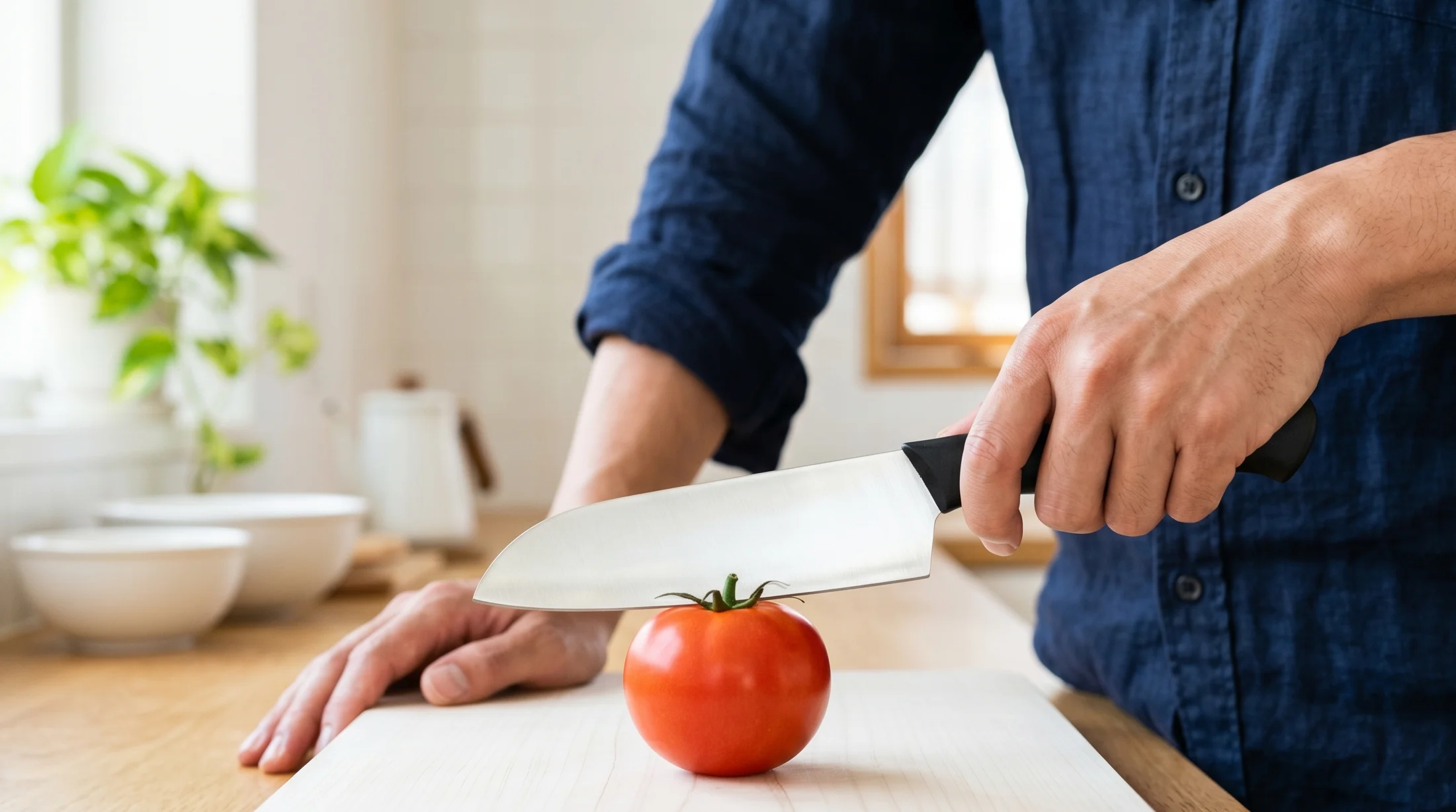 キッチンで包丁を1本ずつ並べてチェックリストにマークをつけている手元のアップシーン