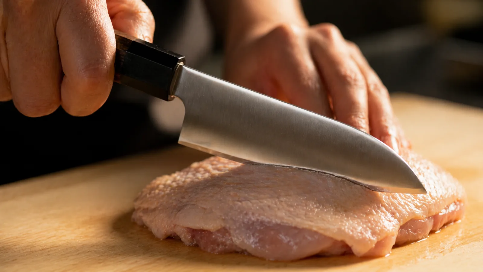 鶏もも肉の皮を切る瞬間の比較、980円包丁は皮が引っかかり、3万円包丁はスムーズに入る