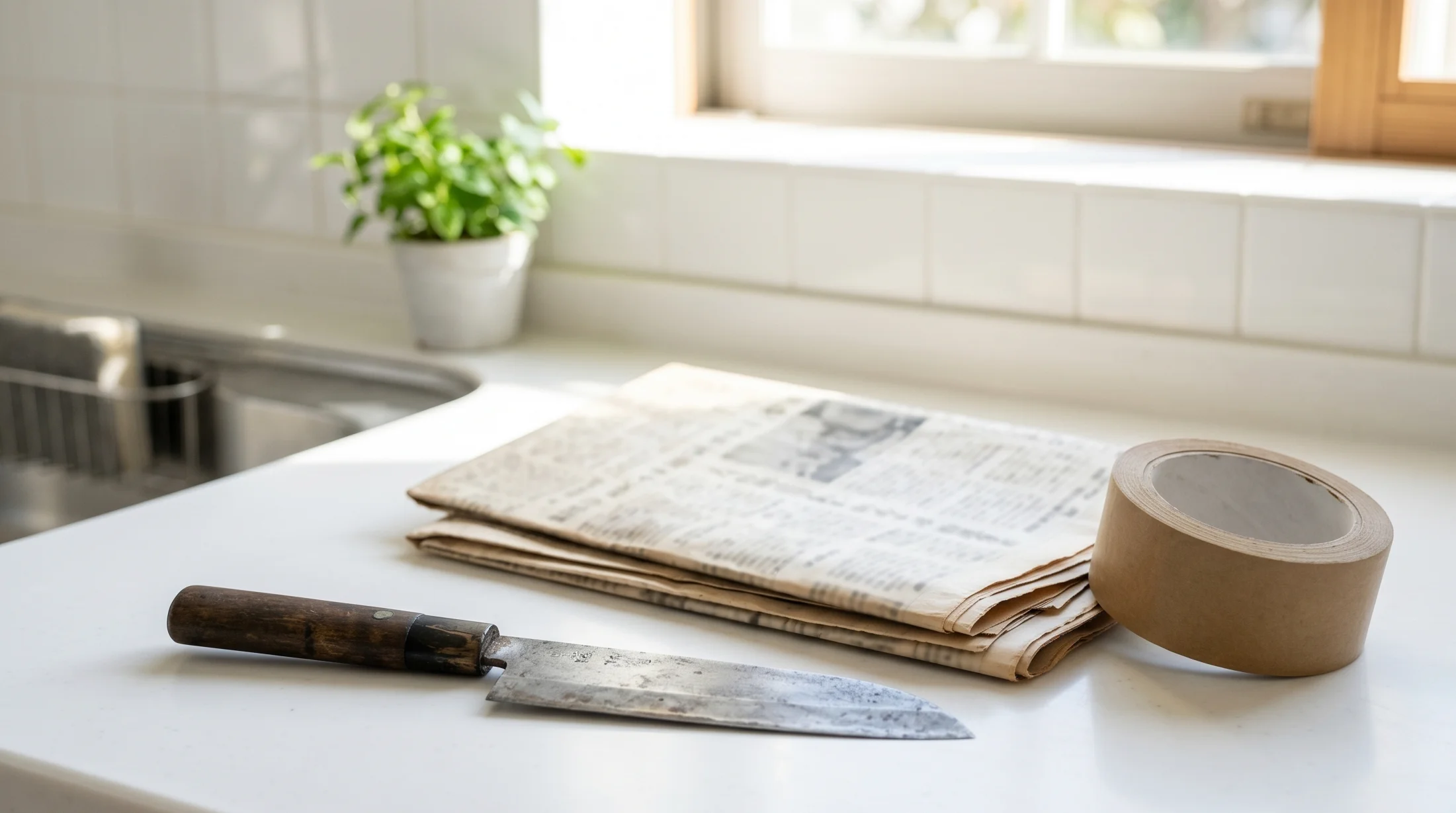 静岡市のゴミ分別ガイドを見ながら古い包丁の処分方法を確認しているシーン