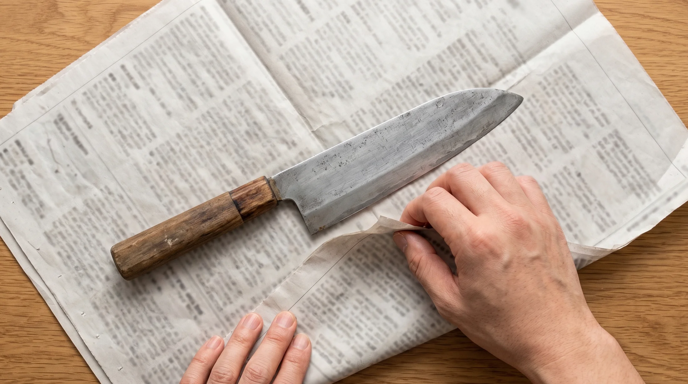 新聞紙を広げて古い三徳包丁を斜めに置いて包んでいる手元のアップ