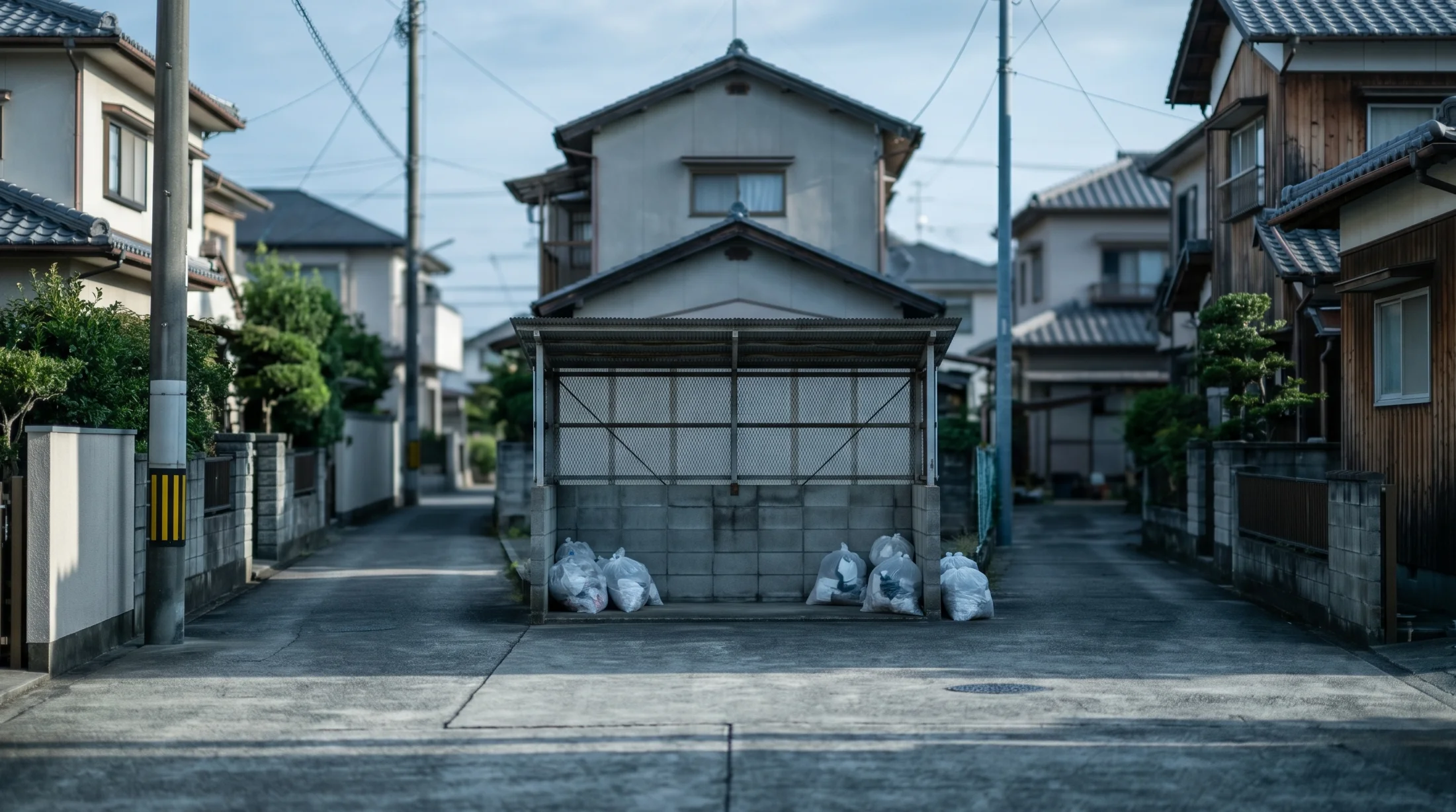葵区の住宅街の朝、新聞紙で包んだ包丁を入れた透明ゴミ袋を持って玄関を出る場面