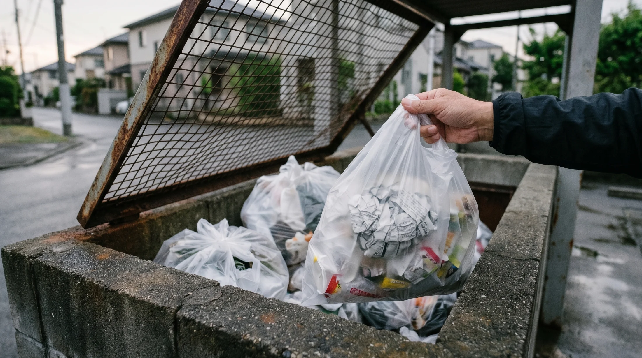 葵区の住宅街にある屋根付きゴミステーションに半透明のゴミ袋を置く手元