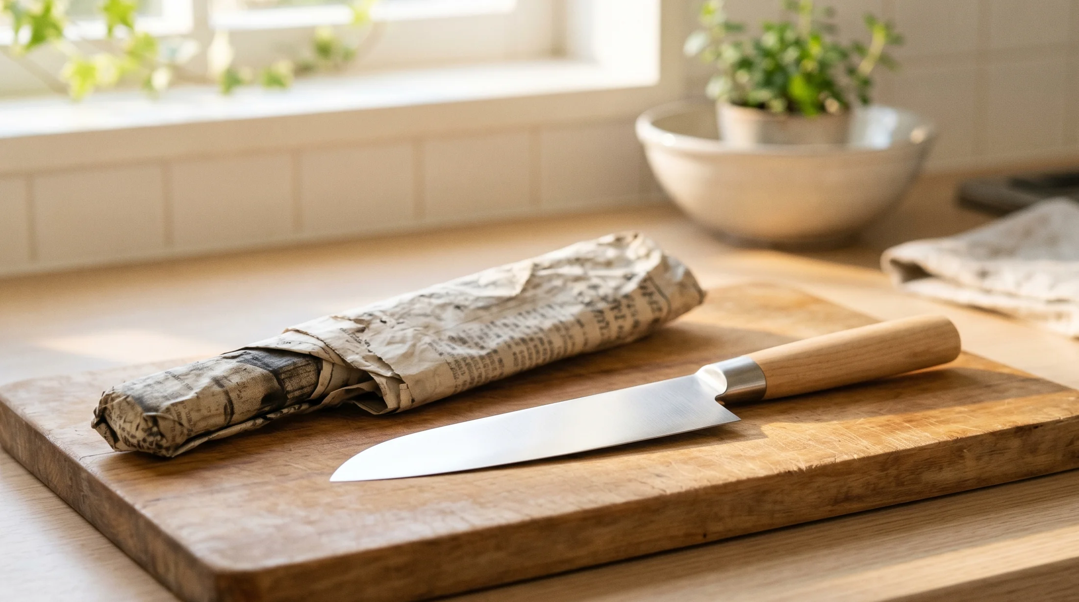 新聞紙に包み「キケン」と書かれた古い包丁と、修理や柄交換の選択肢をイメージしたまとめシーン