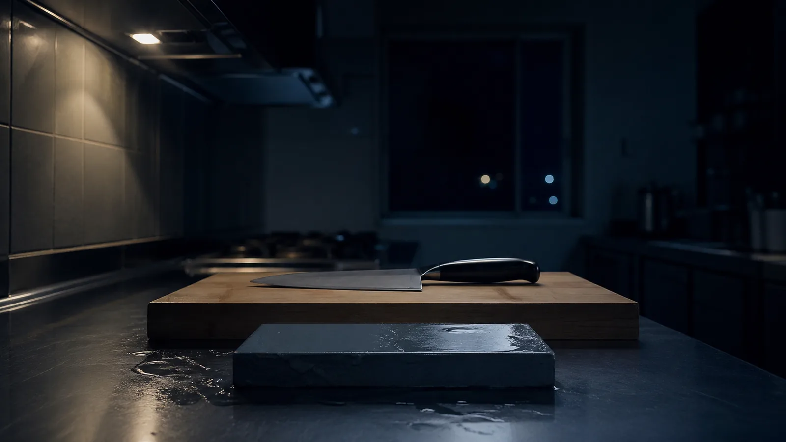 夜のキッチンで砥石と三徳包丁が並ぶ静かなシーン