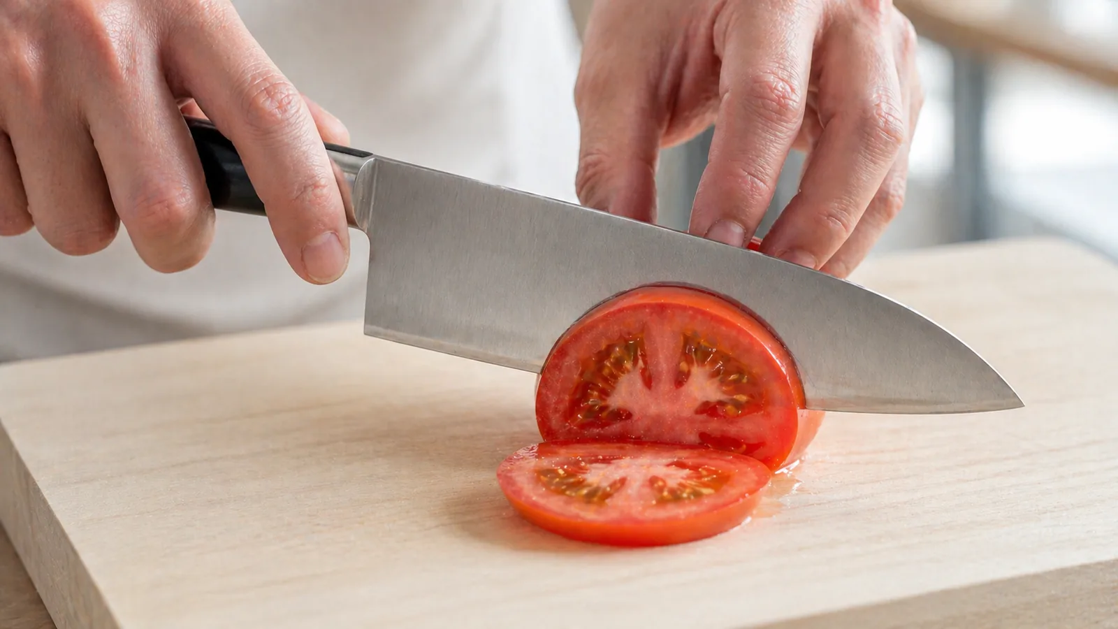 研ぎたての三徳包丁で薄切りにされた鮮やかなトマト