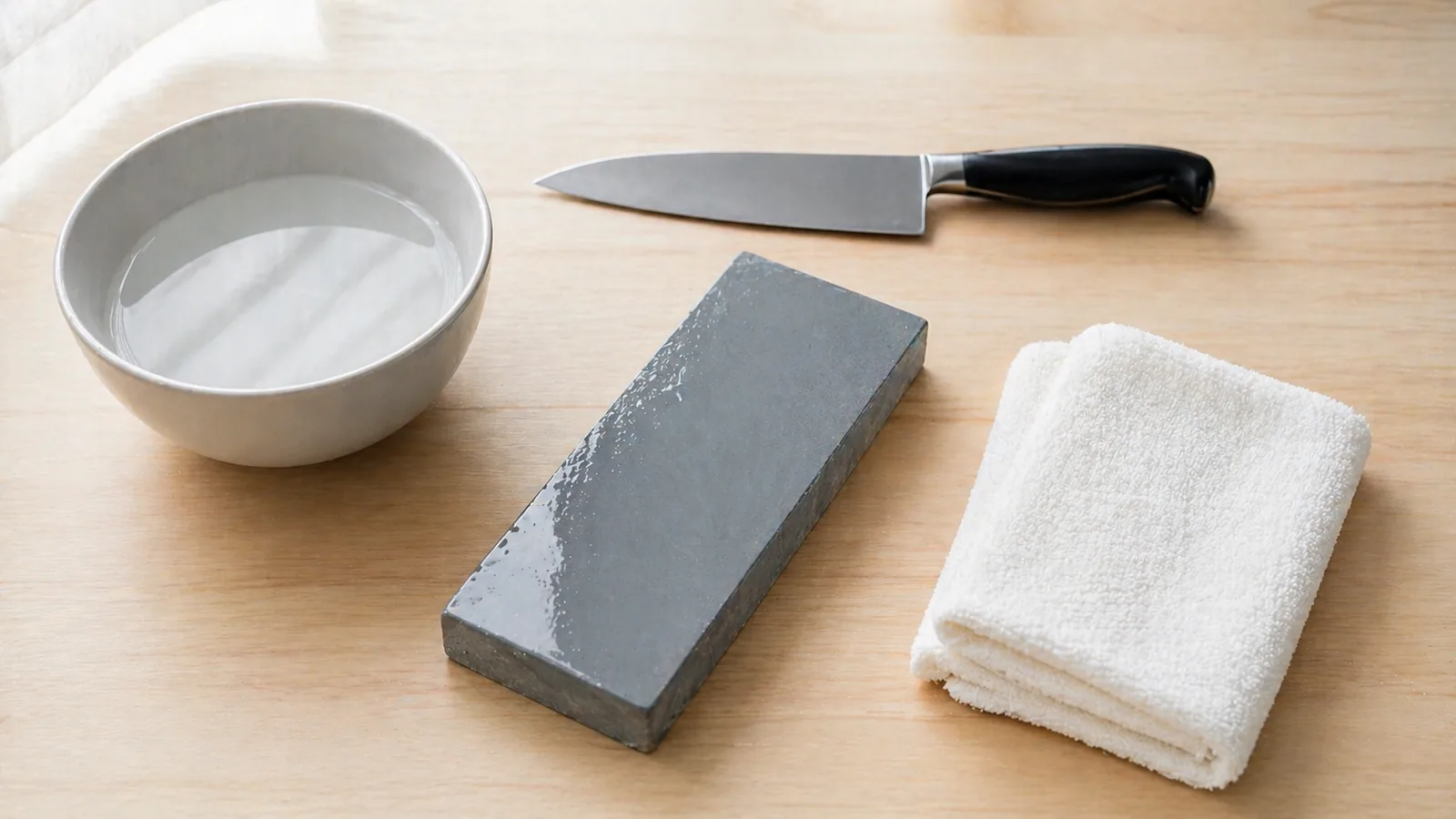初心者向けの#1000中砥石とボウル、タオルがキッチンに並んだ写真