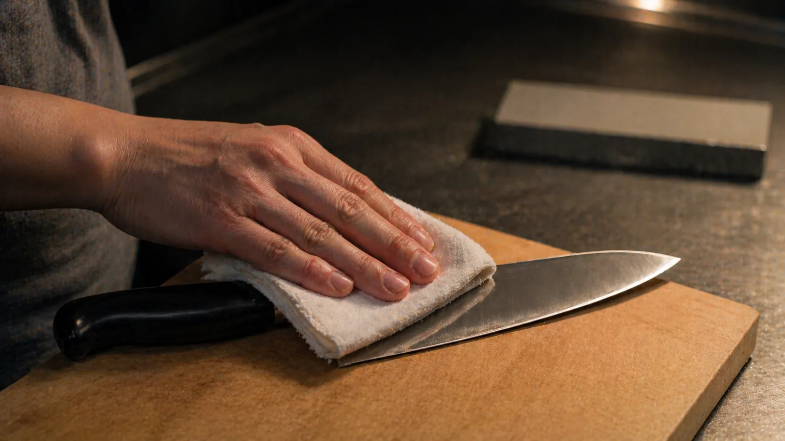 砥石で研ぎ終えた包丁を布巾で拭き取るコウスケの手元