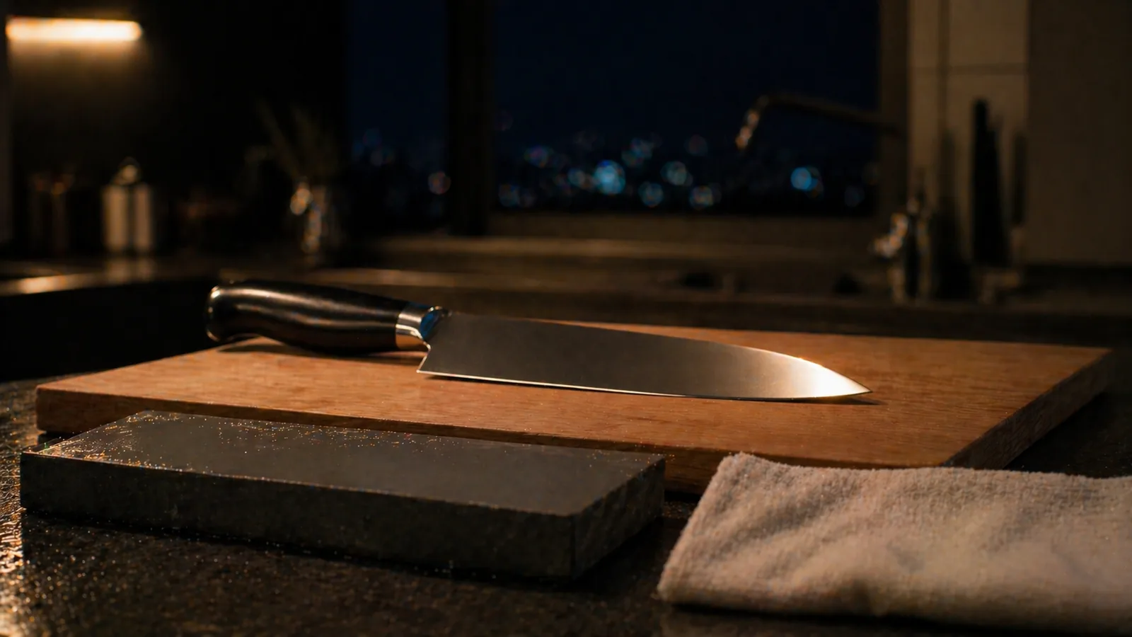 夜のキッチンで研ぎ終えた三徳包丁を見つめる満足げなコウスケ