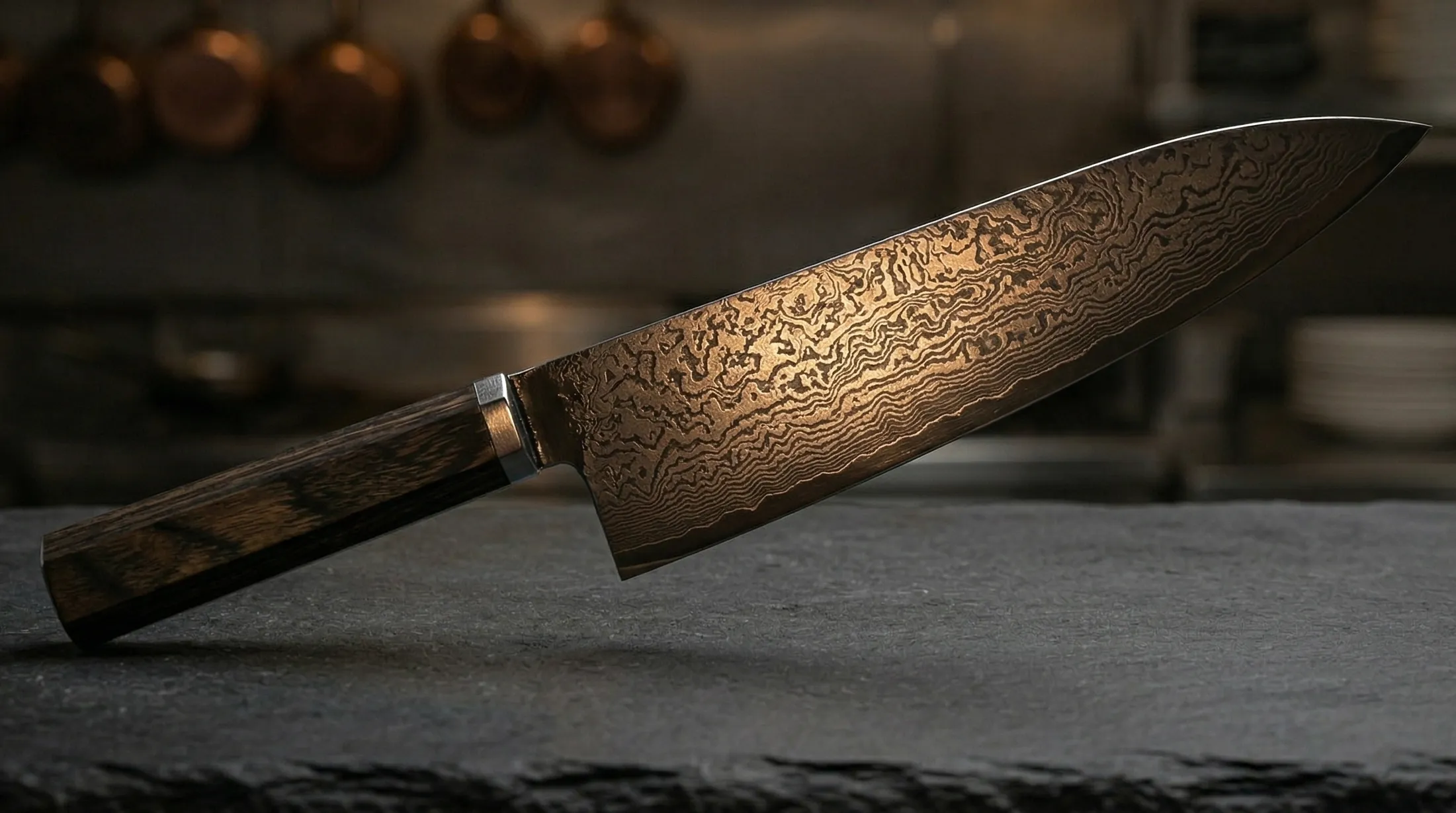 ドラマで使用されたダークブラウン八角柄とダマスカス刃の牛刀包丁