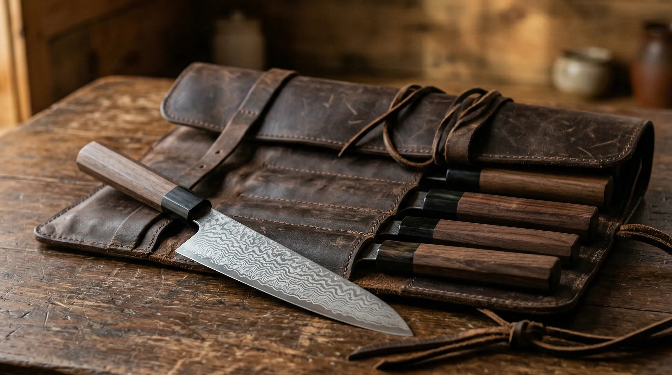 ダークブラウンの革製ロール式包丁ケース