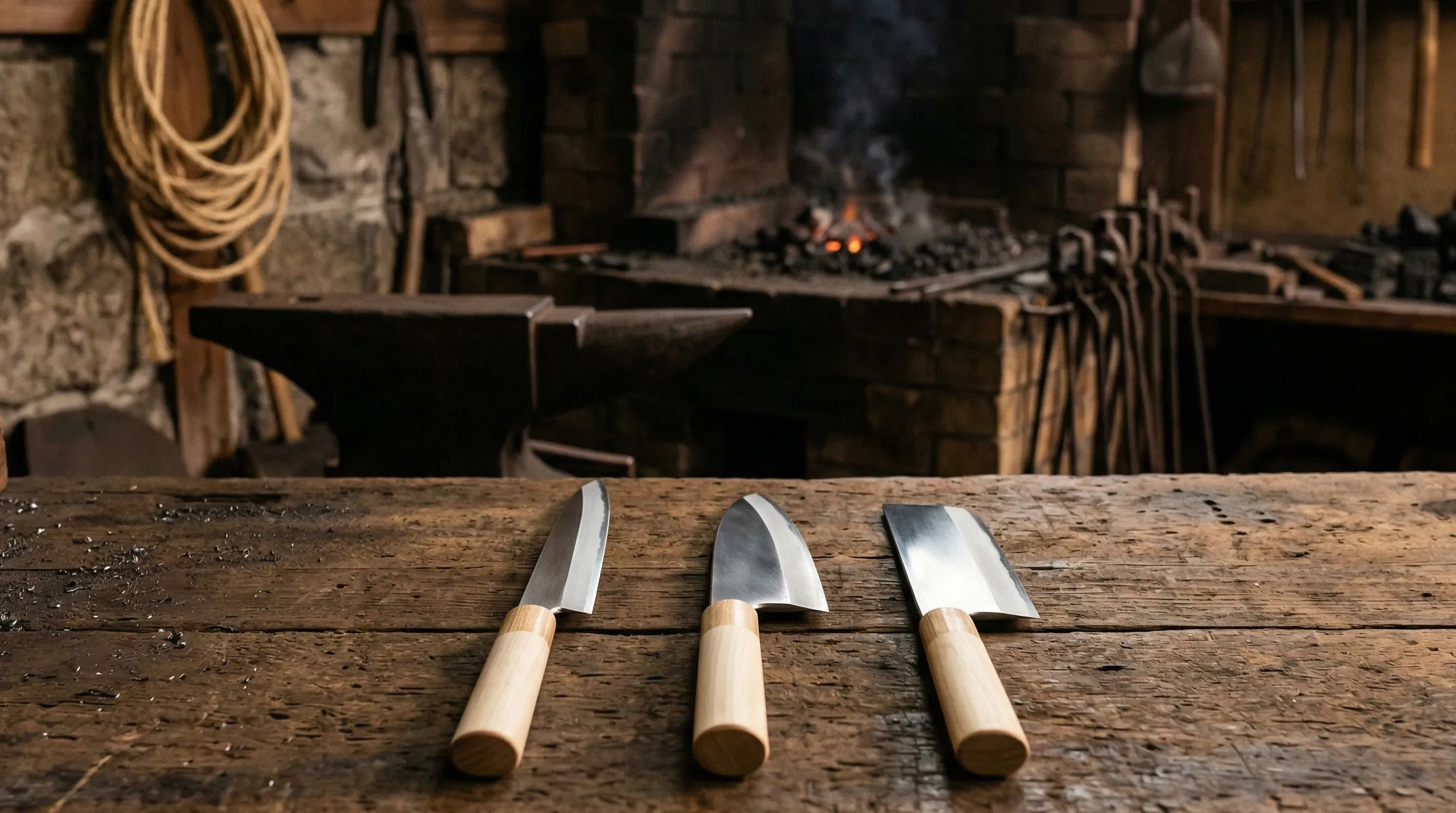 堺の伝統的な刃物鍛冶工房と和包丁3本