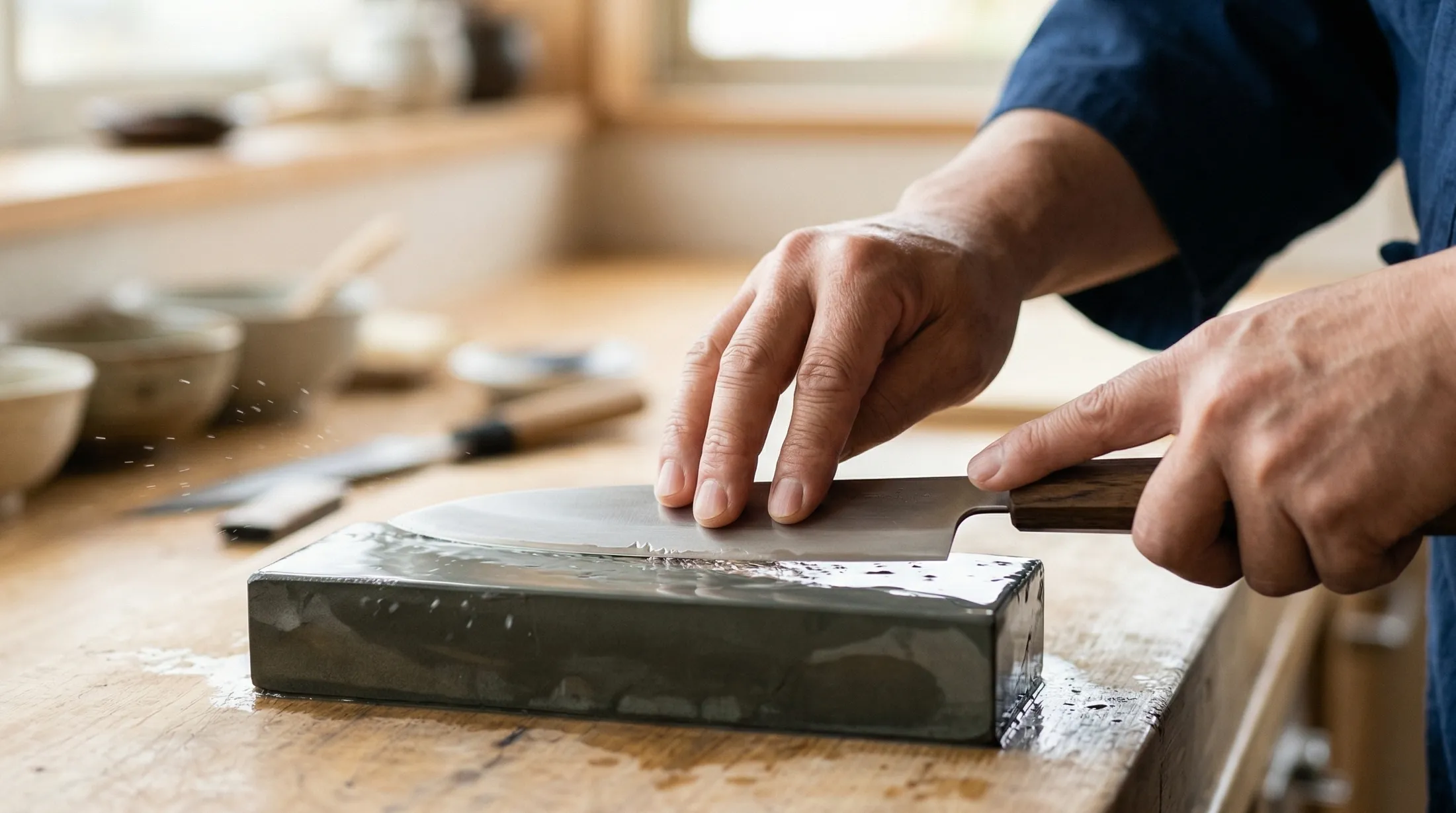 砥石で包丁を研ぐ手元のクローズアップ