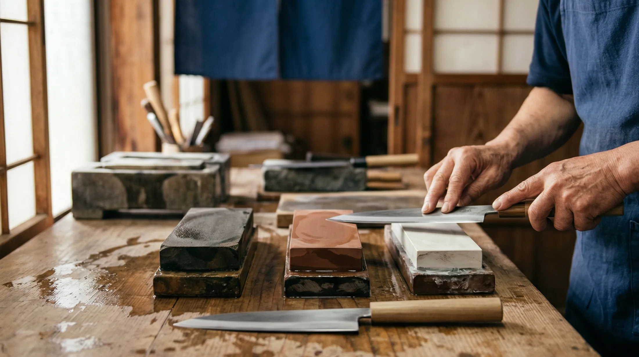昔ながらの包丁研ぎ専門店で職人が研いでいる様子