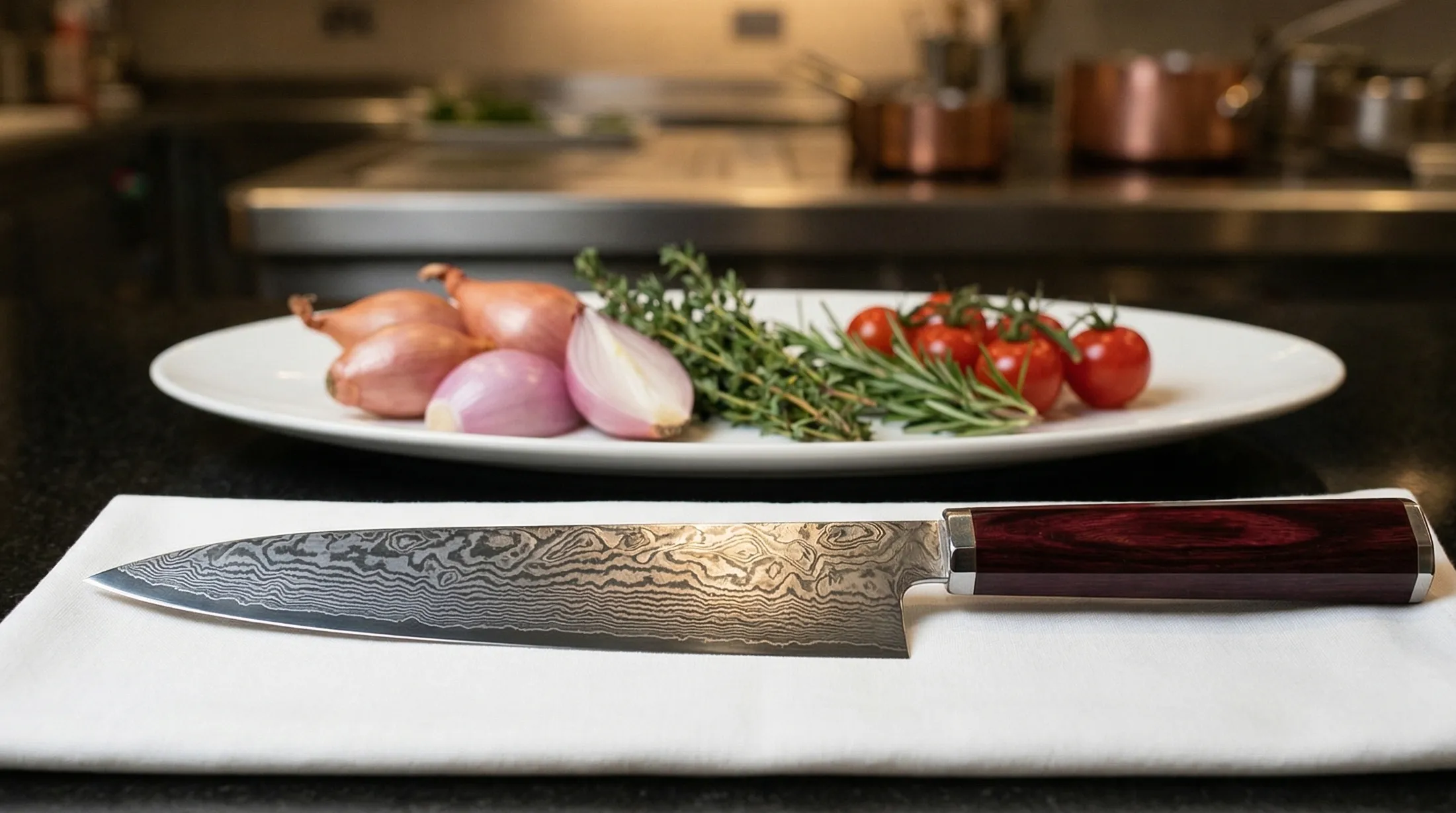 ワインレッドハンドルとダマスカス刃の牛刀包丁と食材