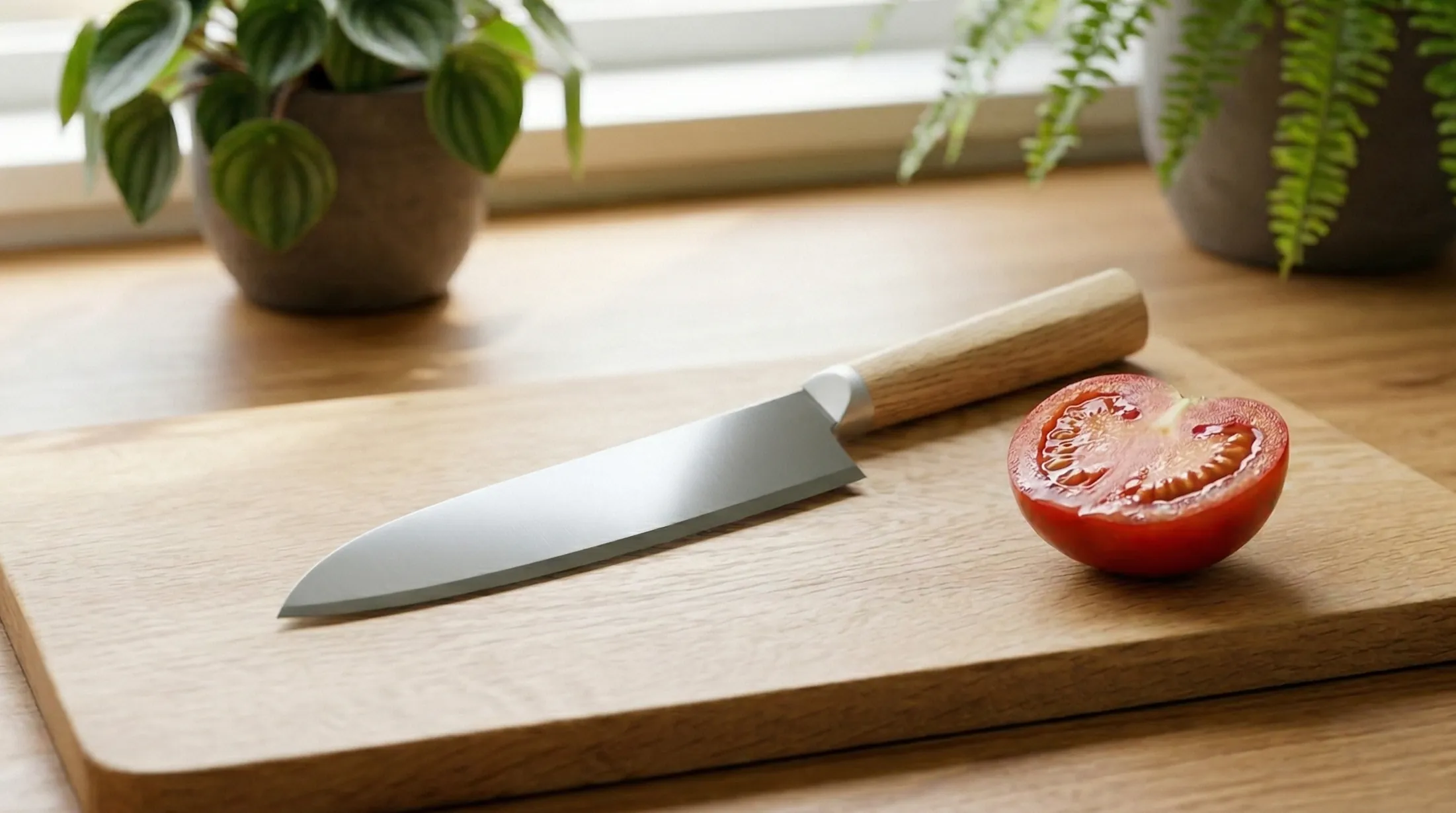 KISEKI:三徳包丁とまな板の上の半分に切られたトマト