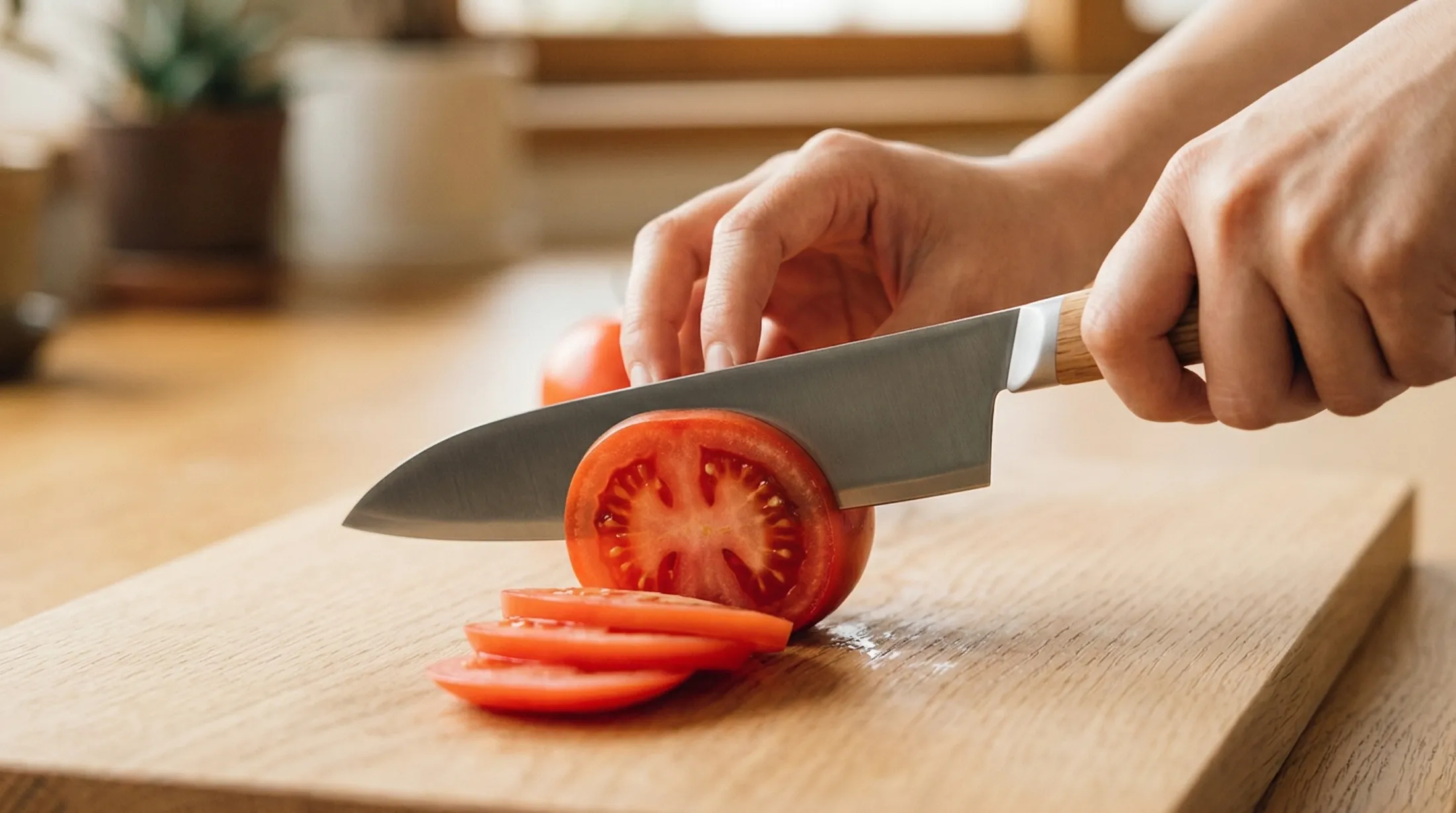 KISEKI:三徳包丁でトマトを薄切りにする女性の手元