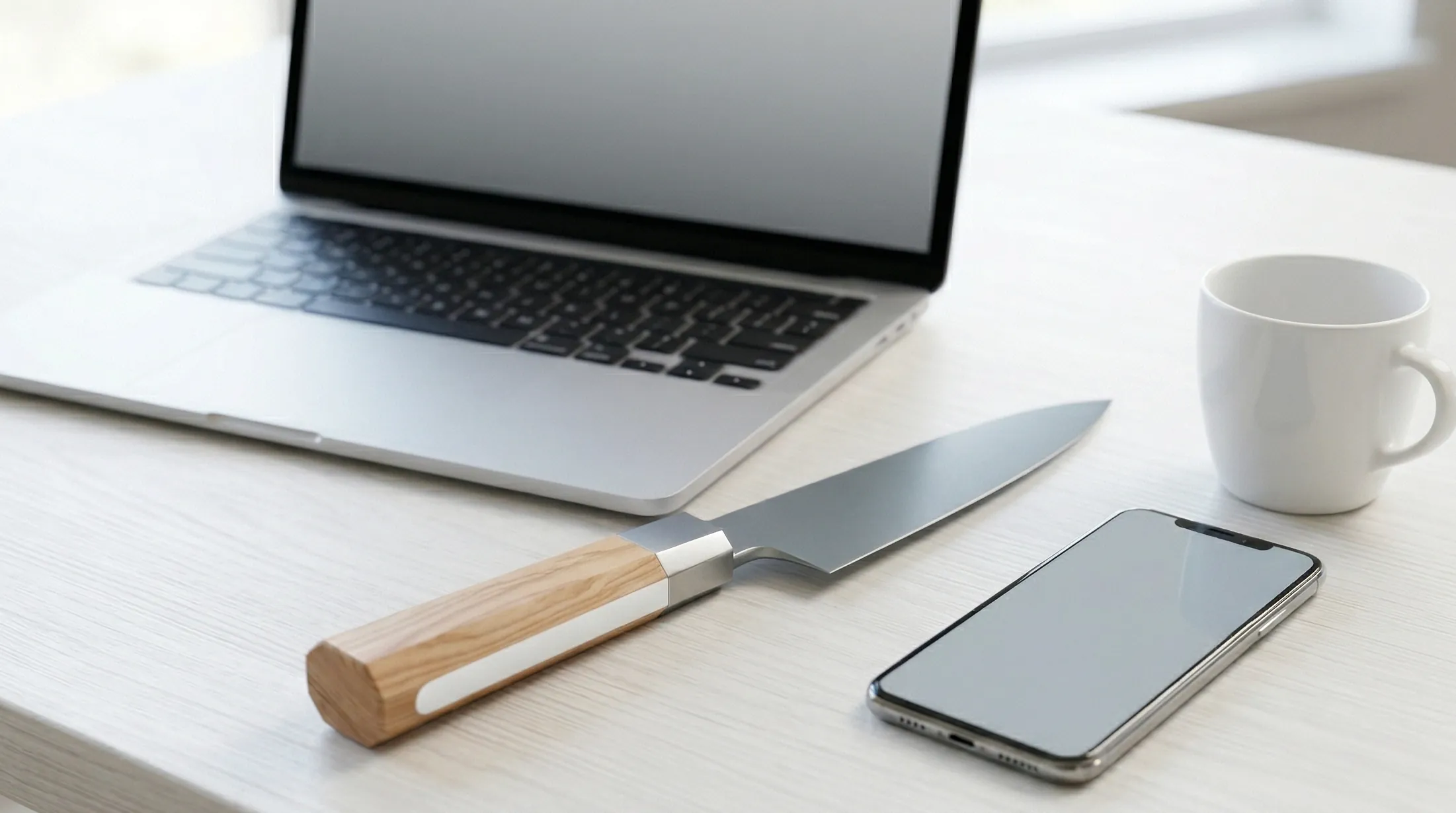 ノートパソコンとスマートフォンで包丁をオンライン購入するシーン