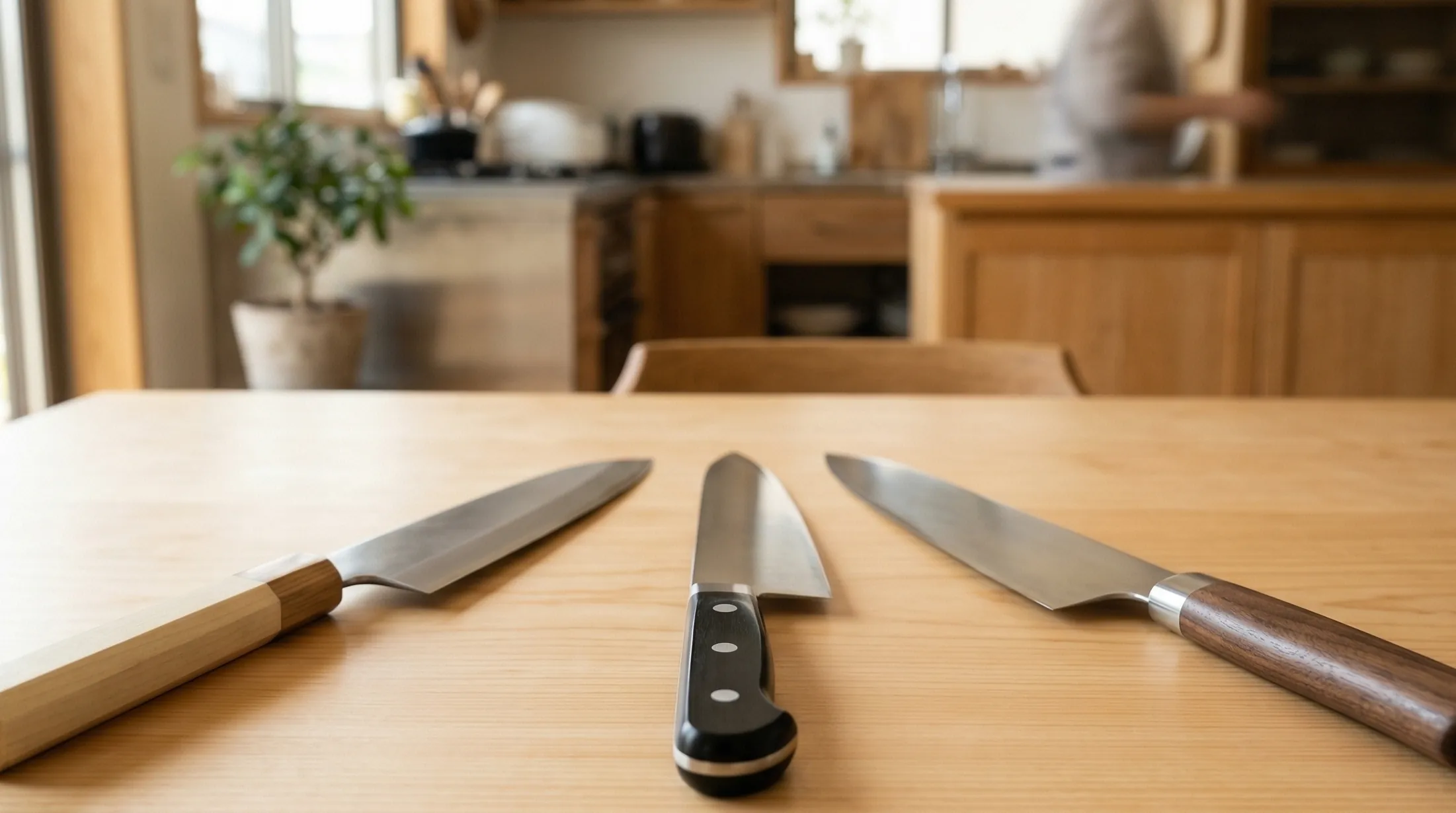 扇状に並んだ3本の高級日本製家庭用包丁