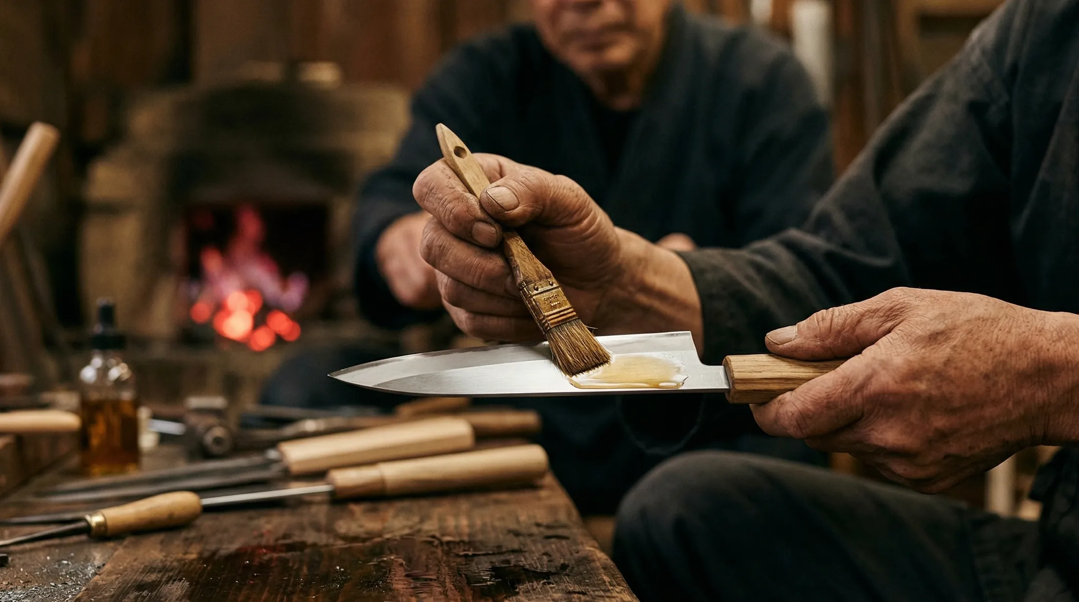 新潟三条の伝統刃物工房で刷毛油を塗る職人の手元