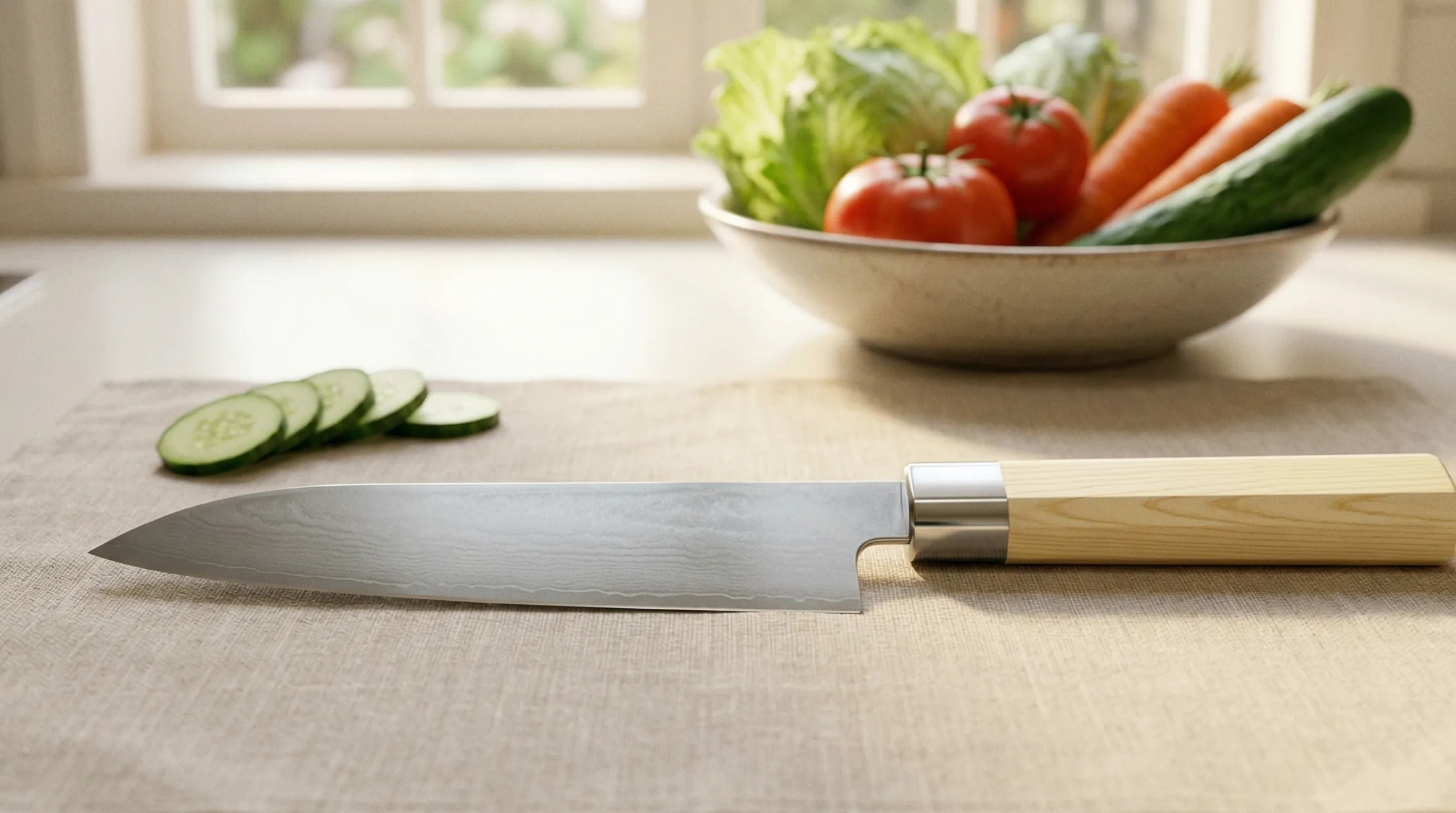 KISEKI:三徳包丁と新鮮な野菜を盛り付けたボウル