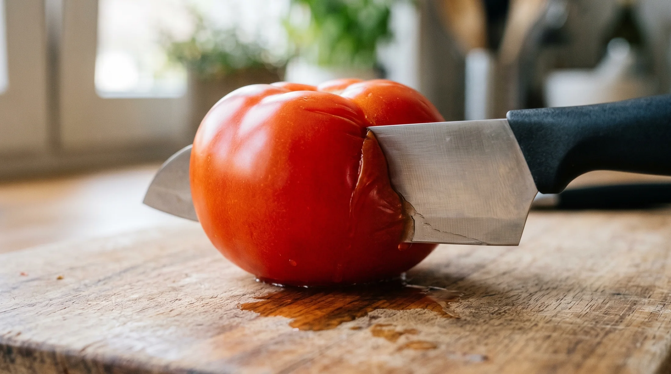 トマトを切る包丁の刃先がつぶれてしまう様子