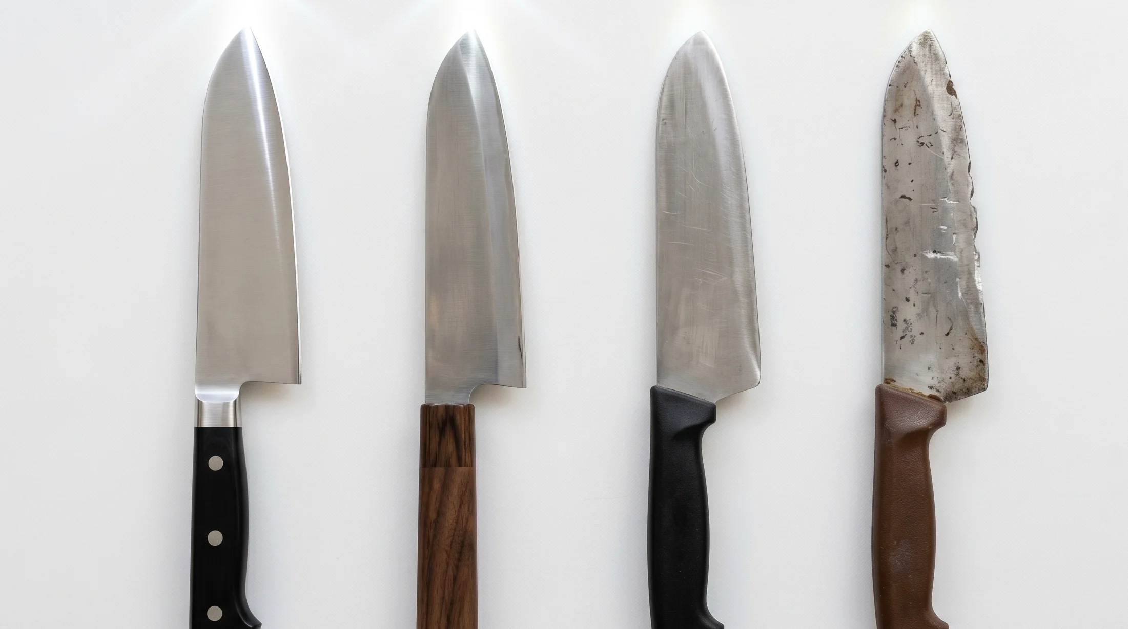 手持ちの包丁4本を並べて切れ味を比較する様子