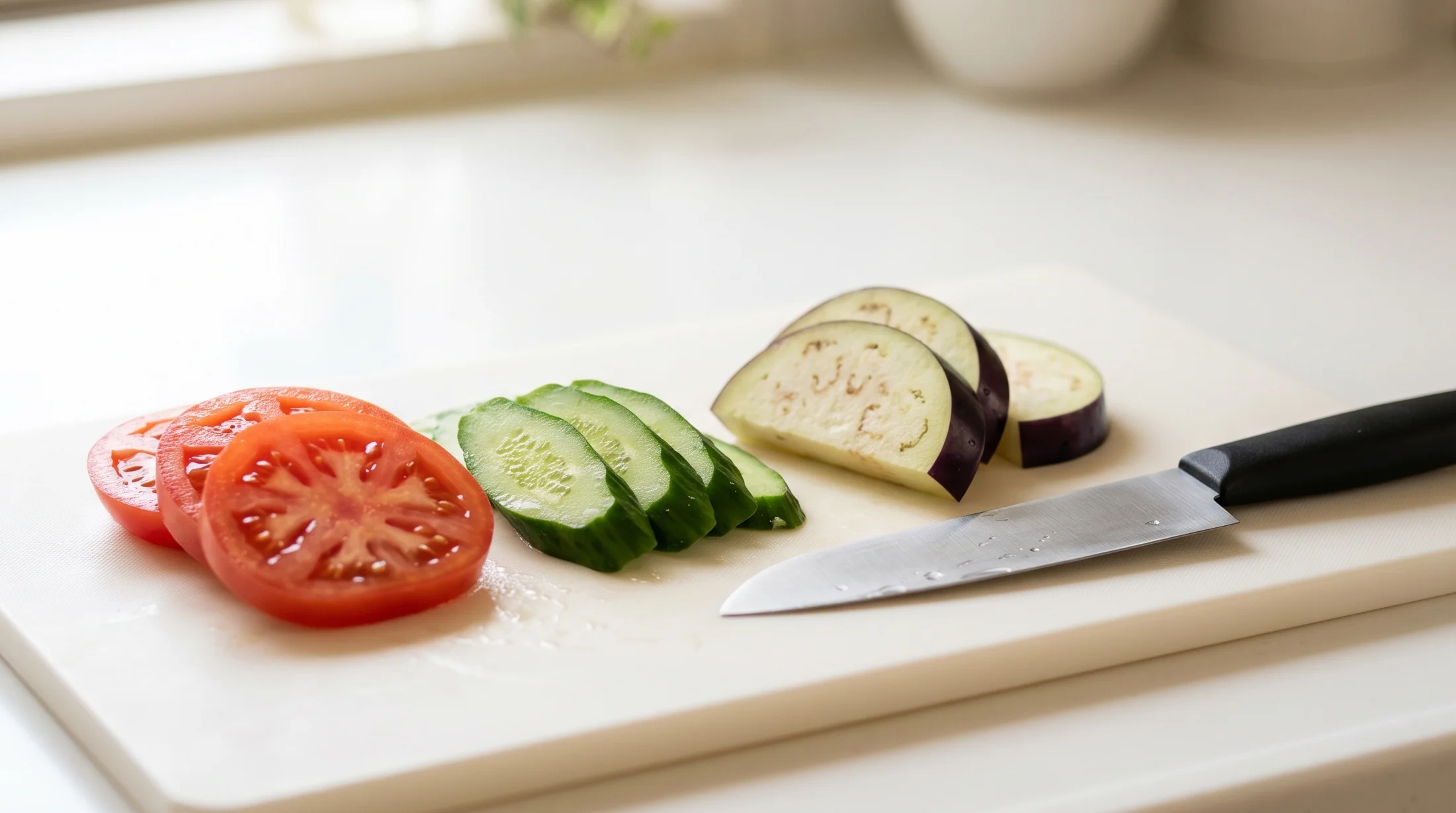 手入れ後の包丁で夏野菜を綺麗に切りそろえる様子