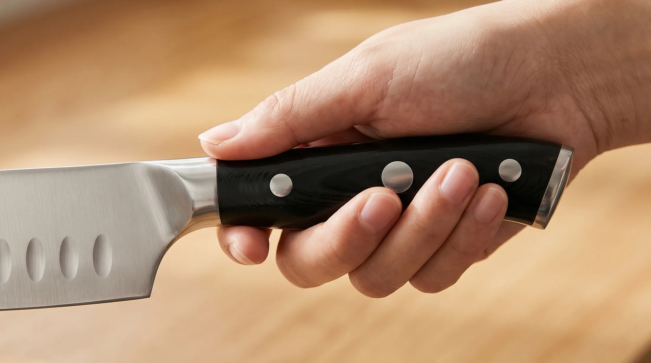 PAUDIN包丁のパッカウッドハンドル部分のアップ