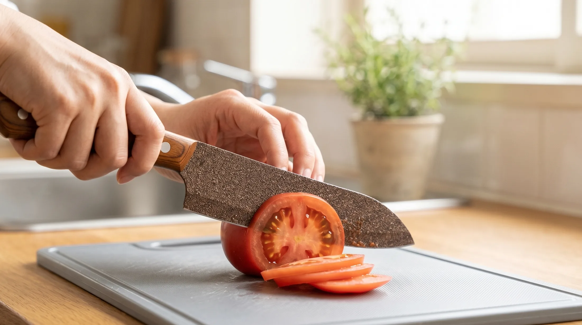 トマトをスライスしているスーパーストーンバリア包丁