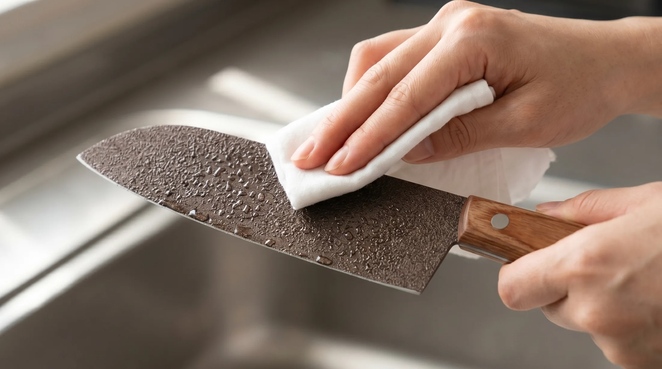 鶏もも肉を切ろうとしているスーパーストーンバリア包丁