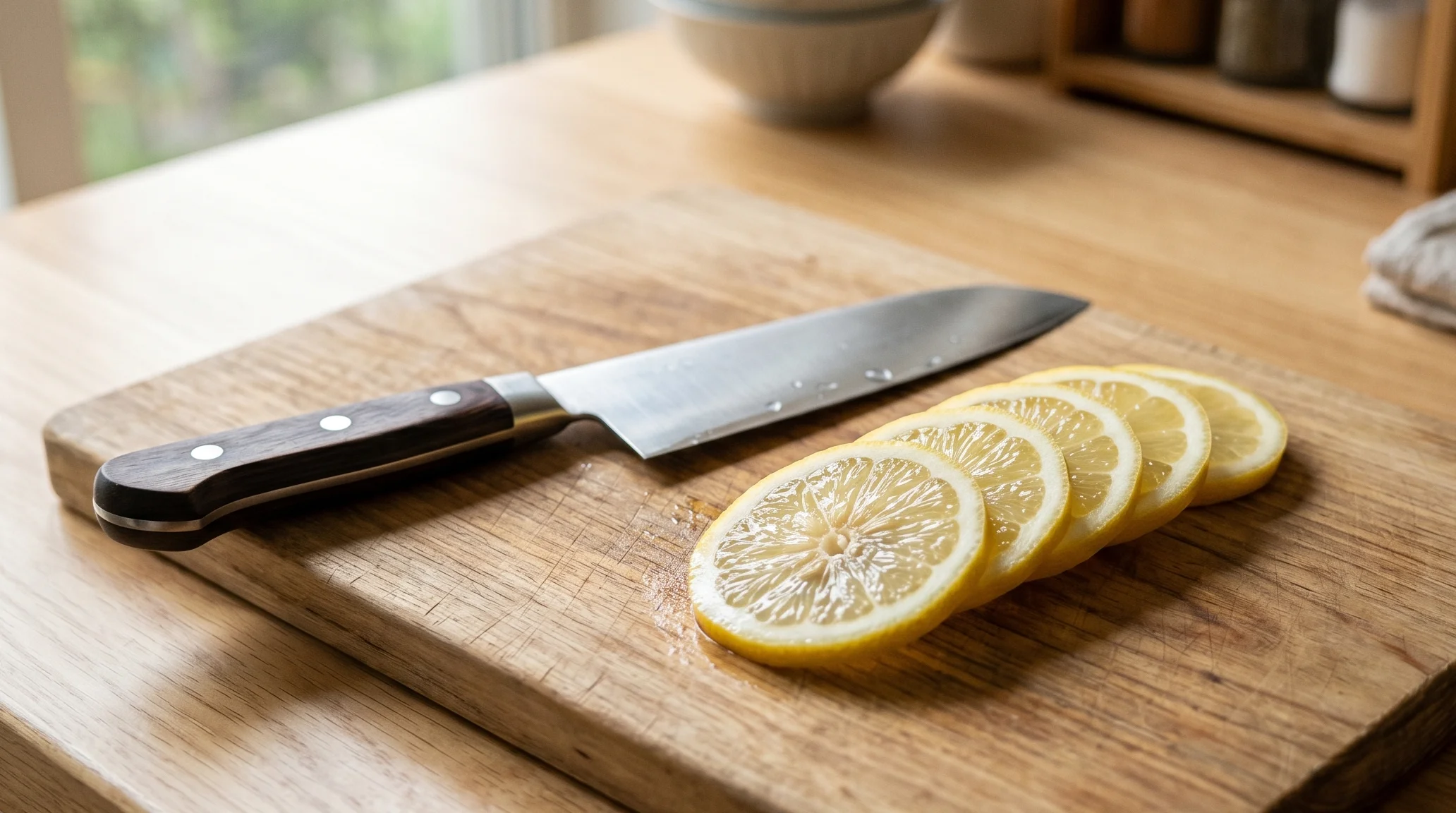 スーパーストーンバリア包丁で薄切りレモンを並べた切れ味実測シーン