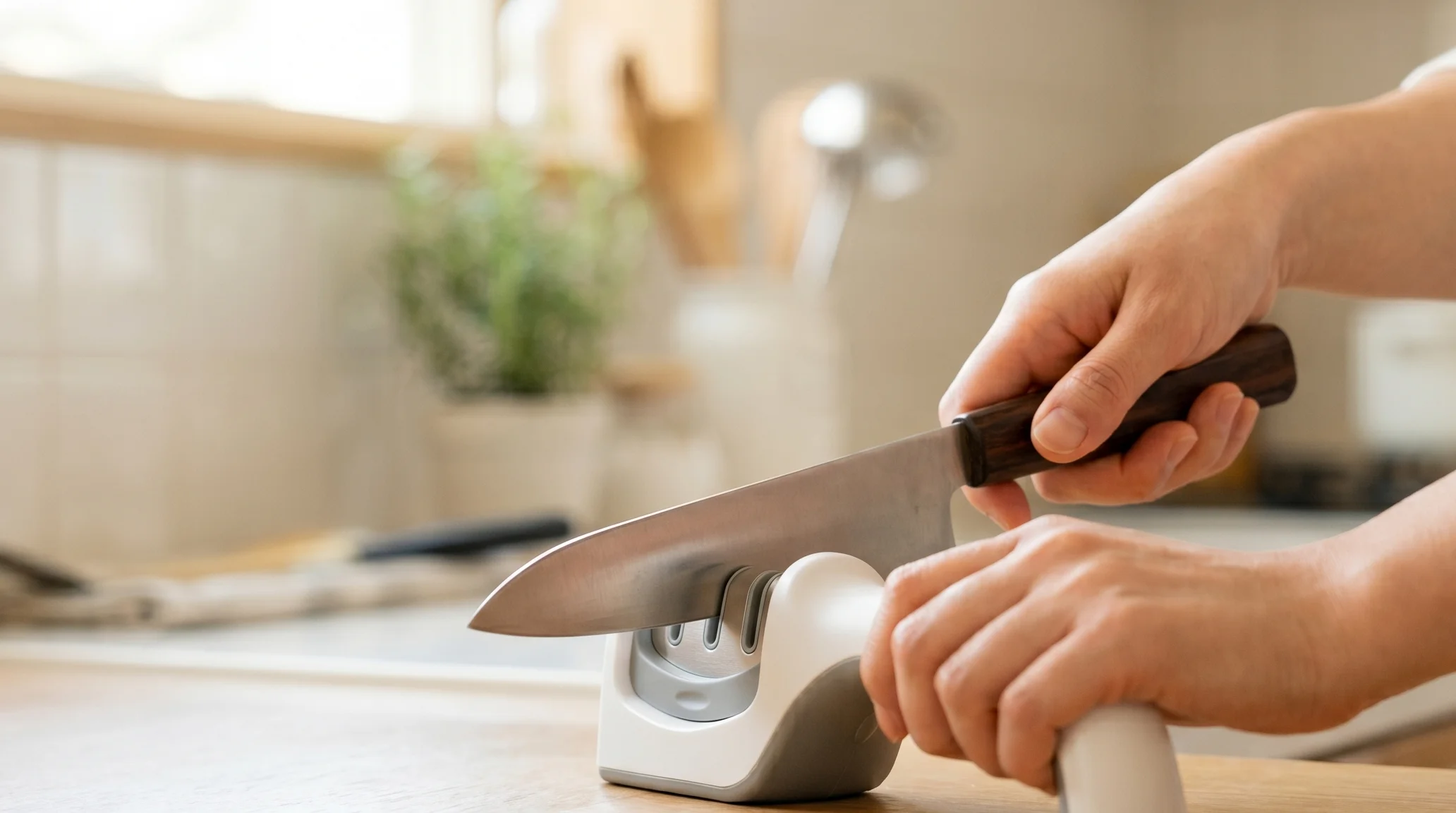 専用シャープナーで包丁の刃を研ぐ手元シーン