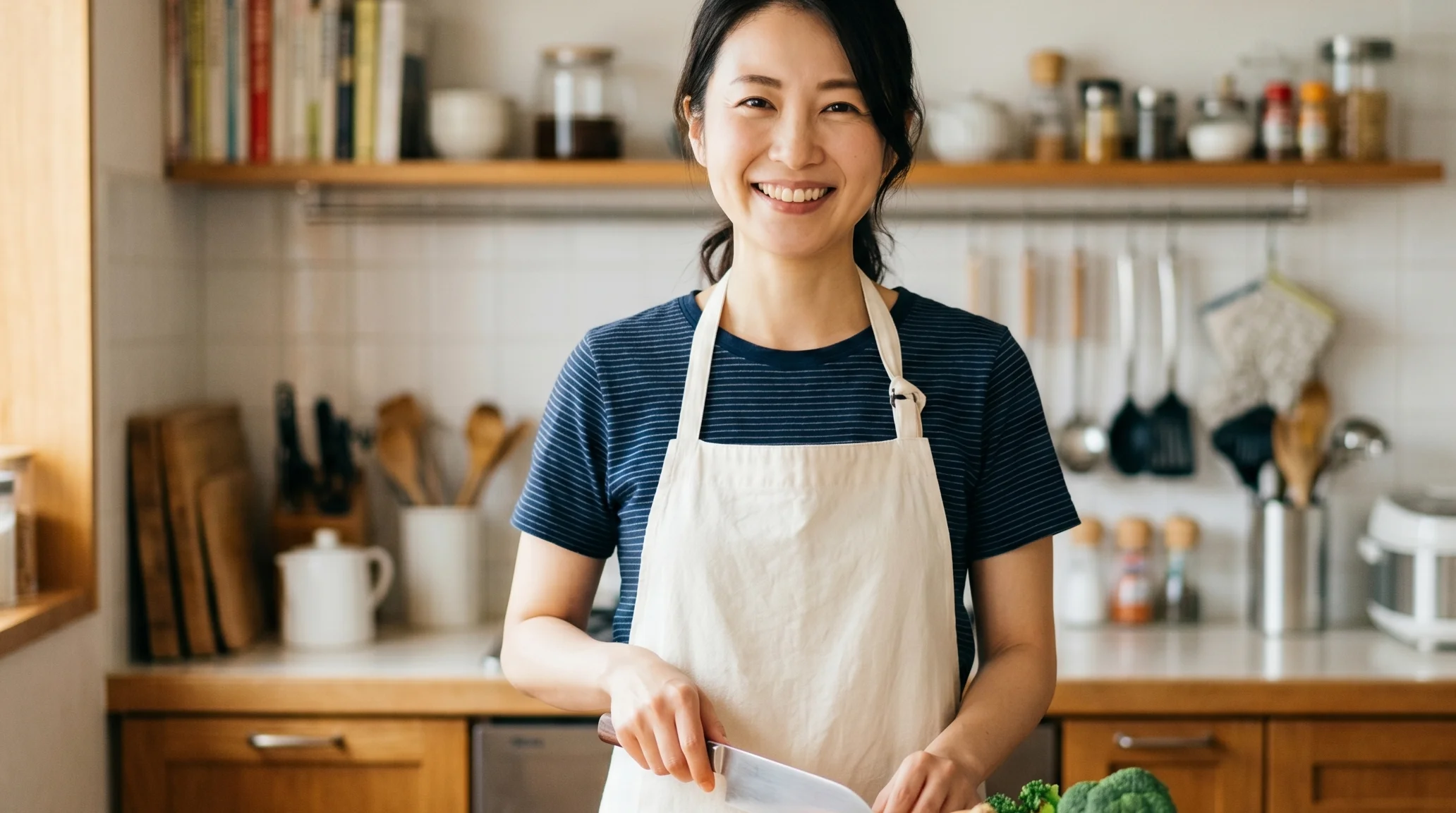 キッチンで三徳包丁を持ち笑顔で料理する女性のシーン