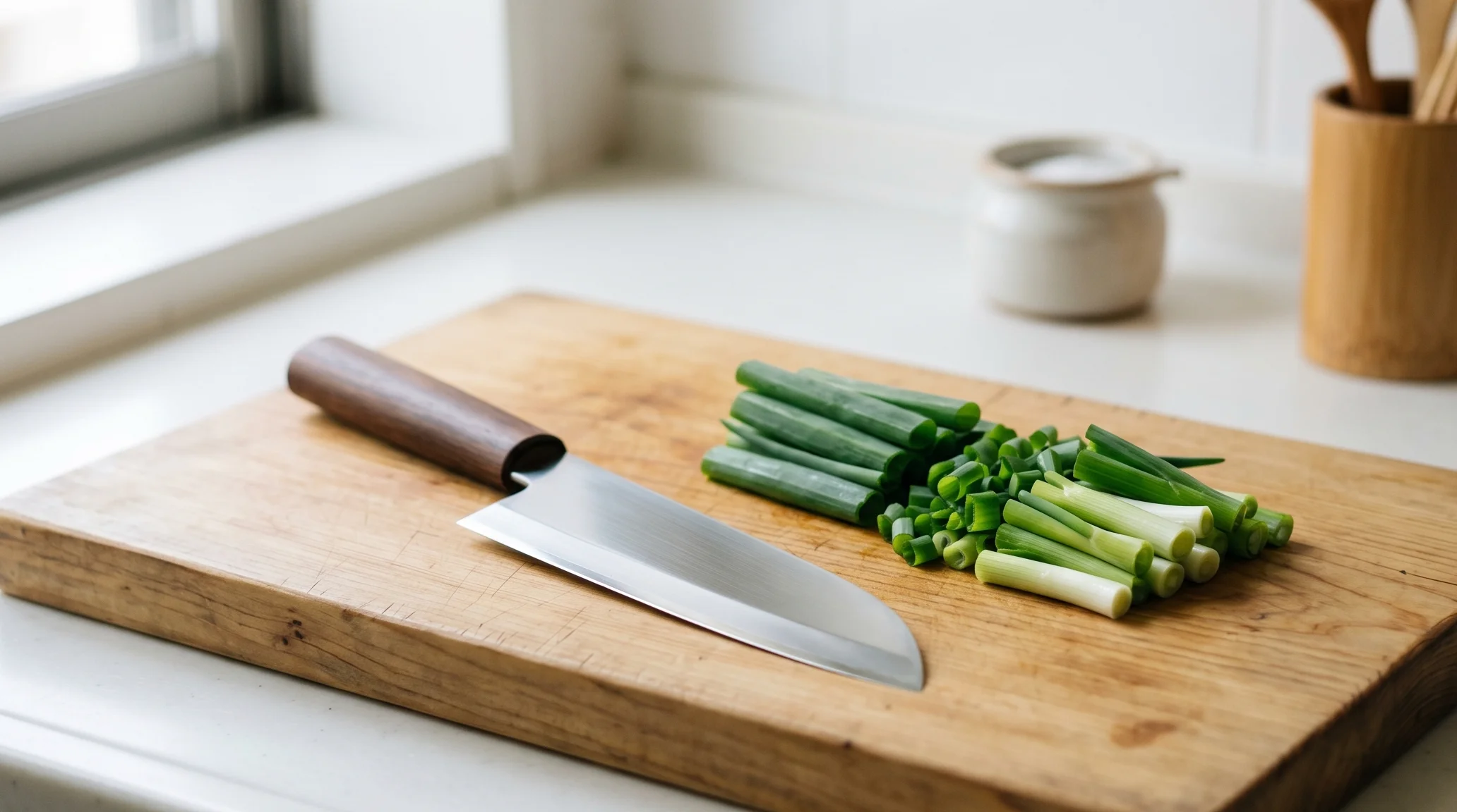 まな板の上の三徳包丁と刻んだネギの静物構図