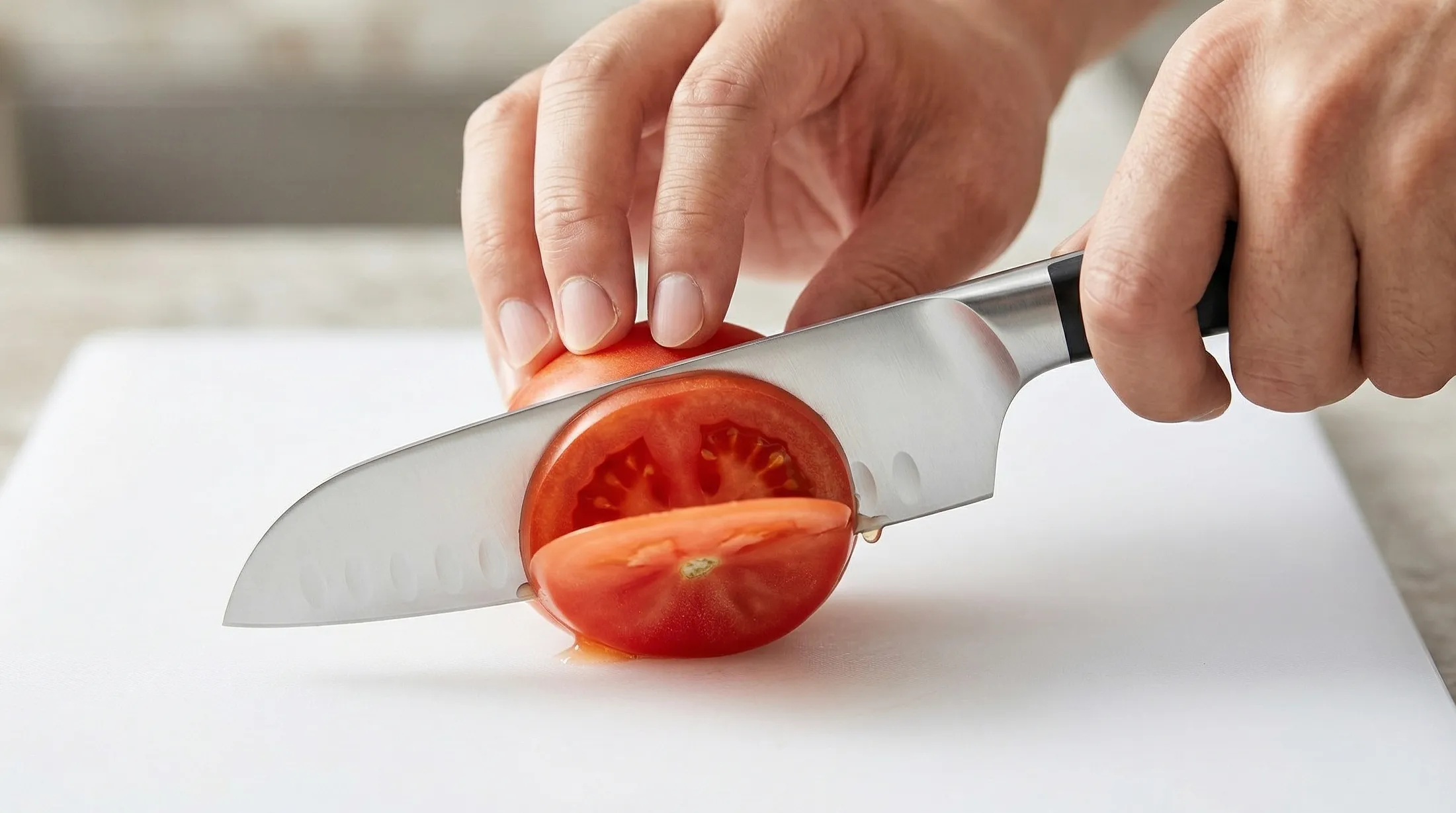 ツヴィリング包丁でトマトをスライスする手元