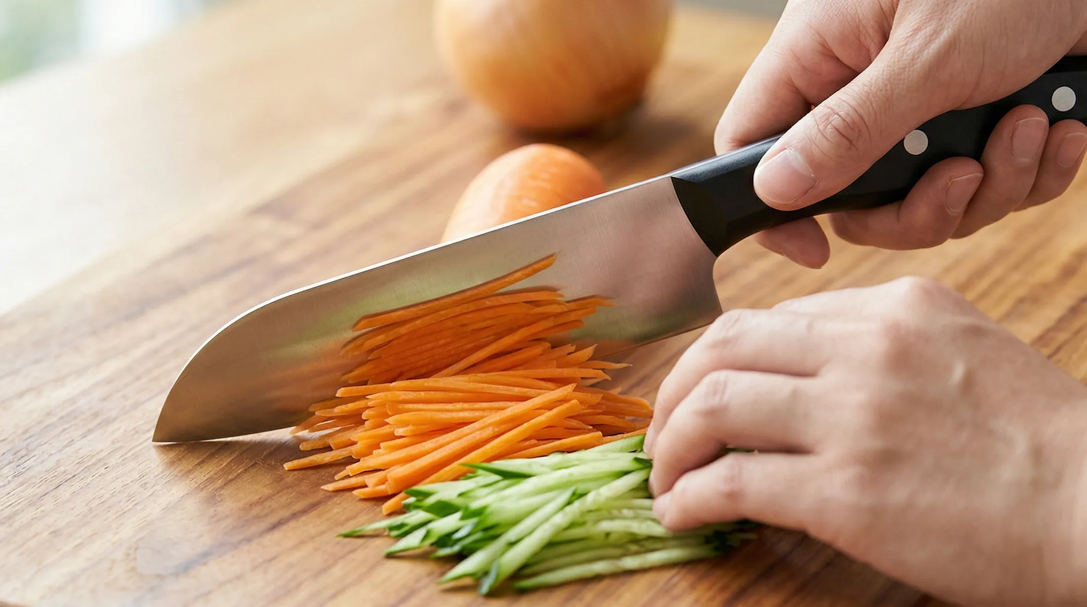 ツヴィリング三徳包丁で野菜を千切りする手元