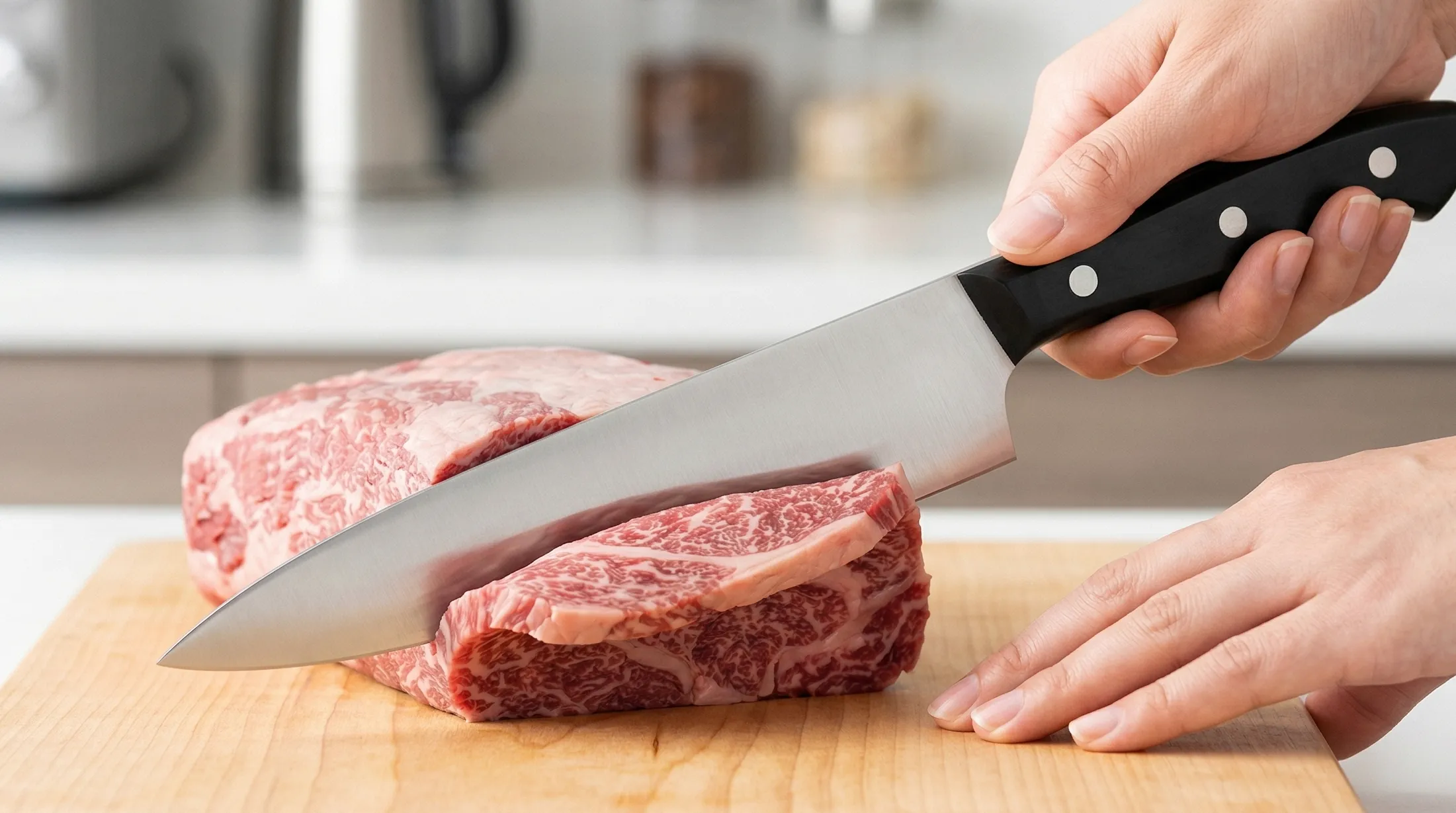 ツヴィリング牛刀で牛肉をスライスする手元