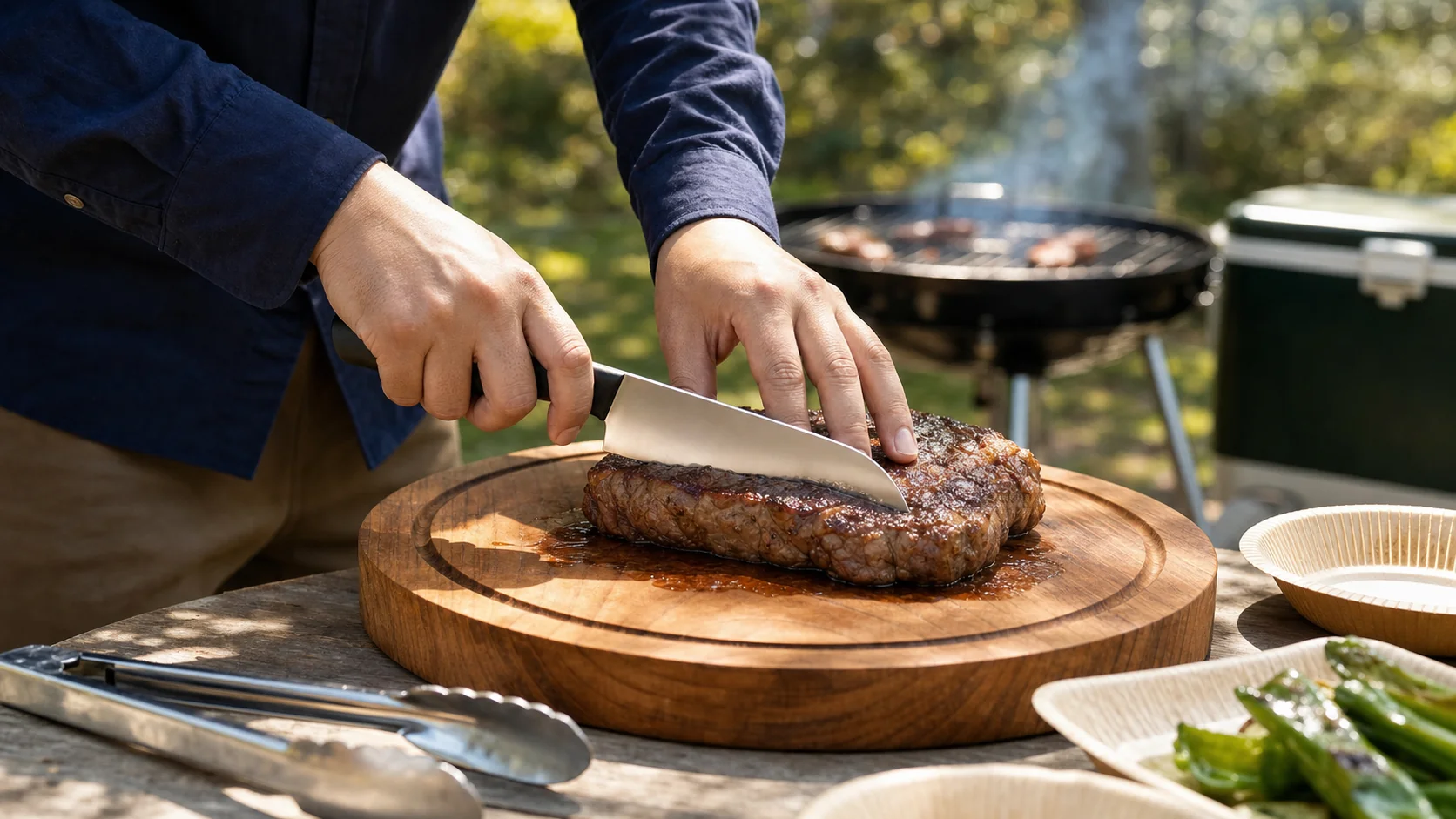 屋外BBQの杉まな板で焼き上がりのステーキ塊肉を三徳包丁で切り分ける手元