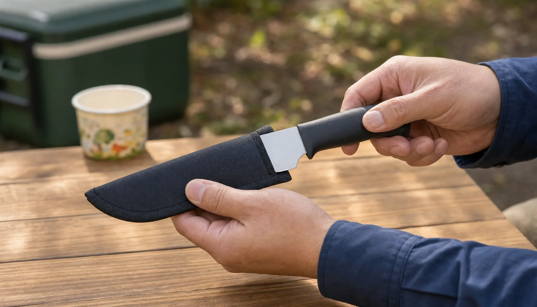 家族BBQでシース付きコンパクトナイフを安全に扱う大人の手元