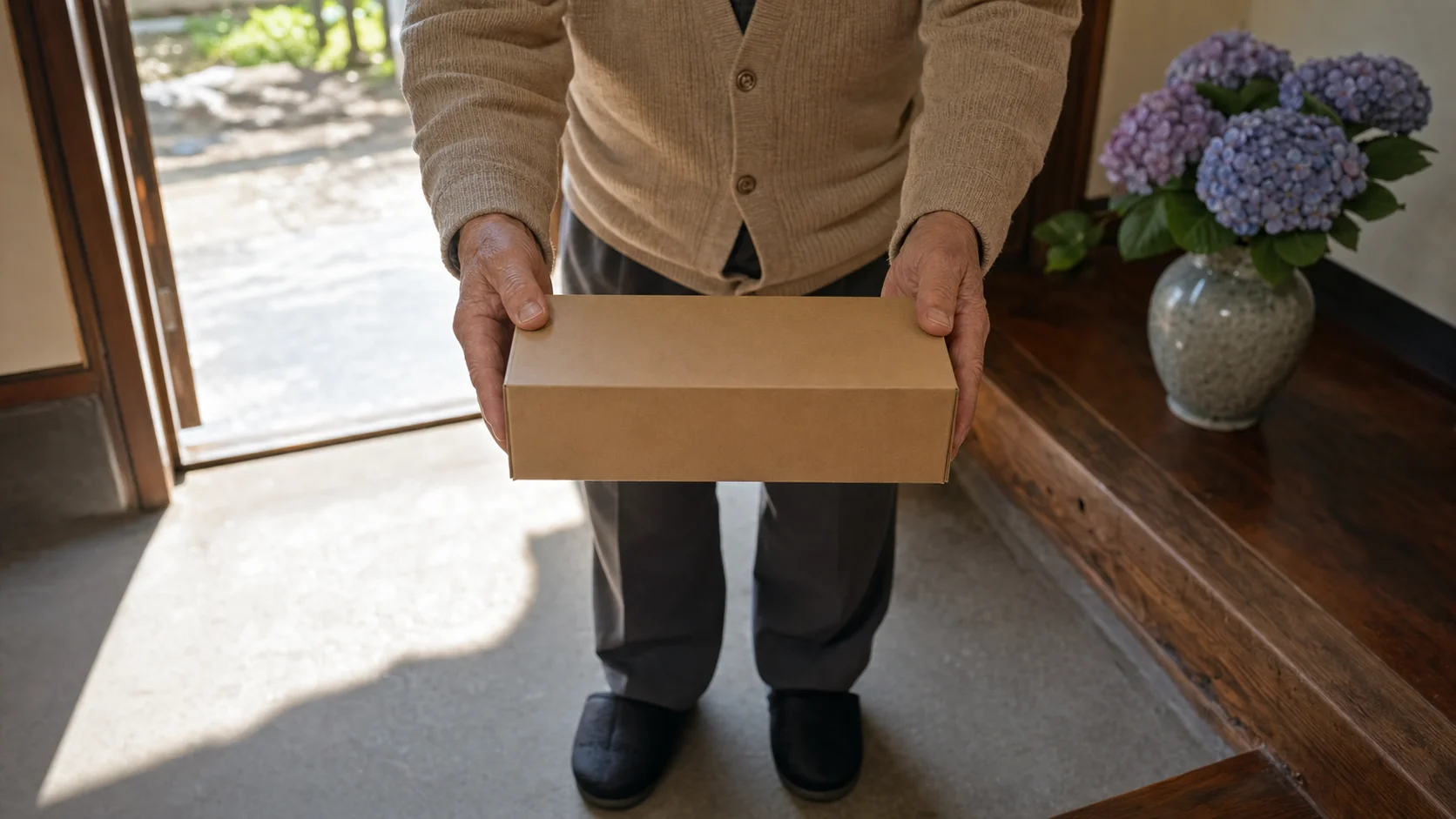別居の義父が父の日の包丁ギフトを玄関で受け取る瞬間