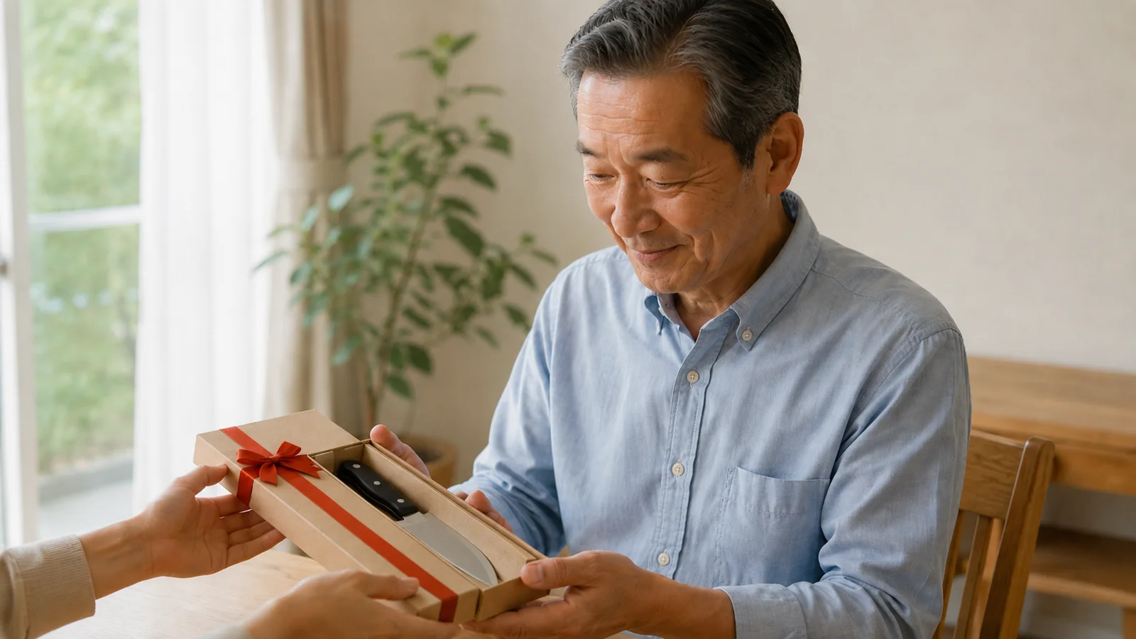 父の日6月21日の朝にお父さまへ名入れ包丁を渡すイメージ