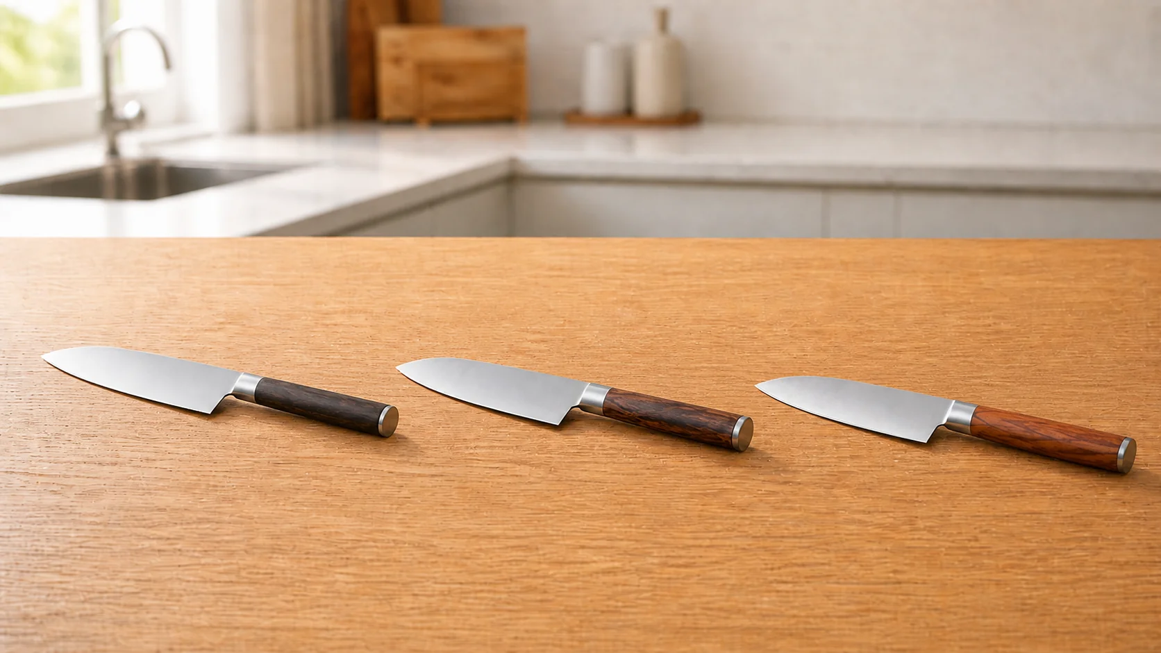 1万円帯から3万円超までの予算別三徳包丁3本をキッチンカウンターに並べたイメージ