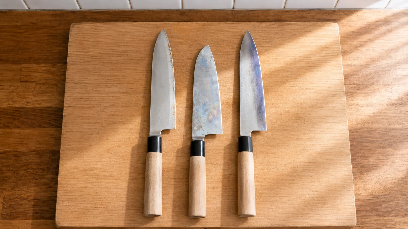 包丁の刃に出た3種類の黒ずみ（初期サビ・水アカ・タンニン汚れ）の比較
