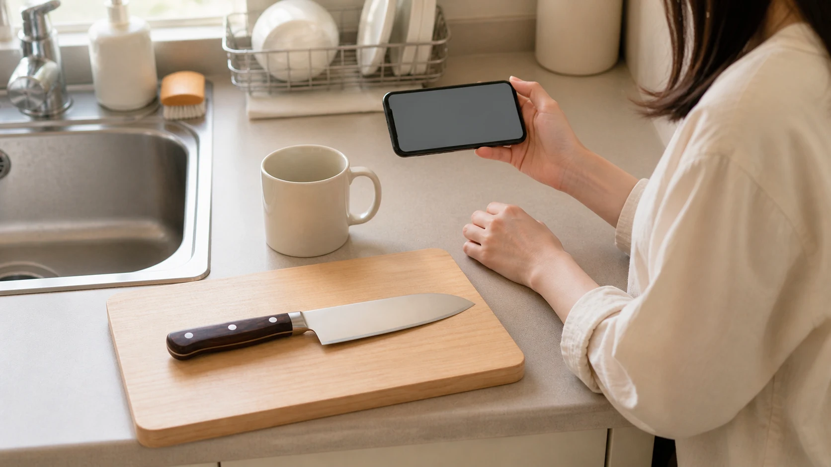 スマホで包丁の通販を比較検討する一人暮らしの手元