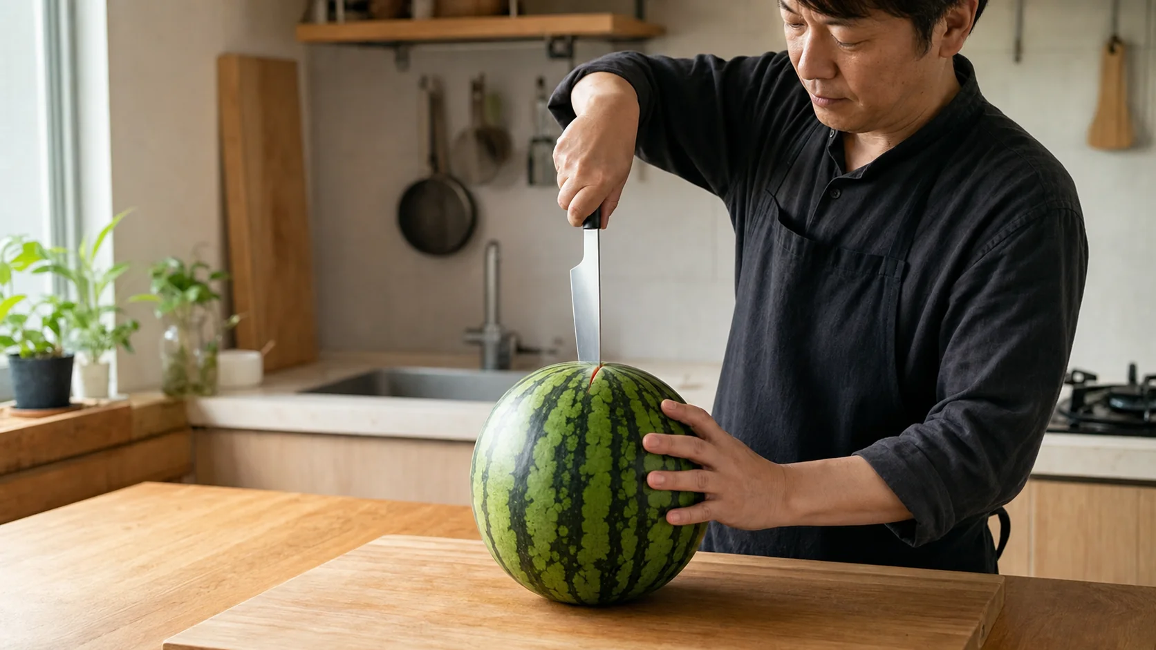 家庭キッチンで大玉スイカの頂点に牛刀21cmが入り赤い果肉が見え始める瞬間