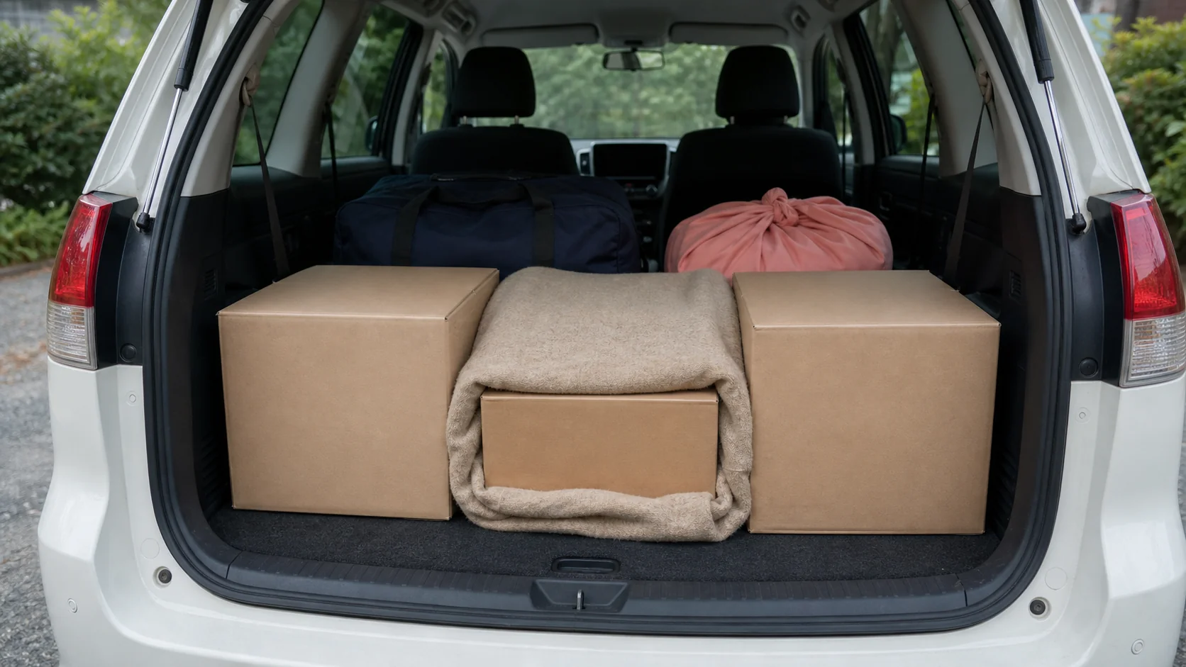 自家用車のトランクでお米のダンボールに挟まれて固定された毛布巻きの包丁ケース