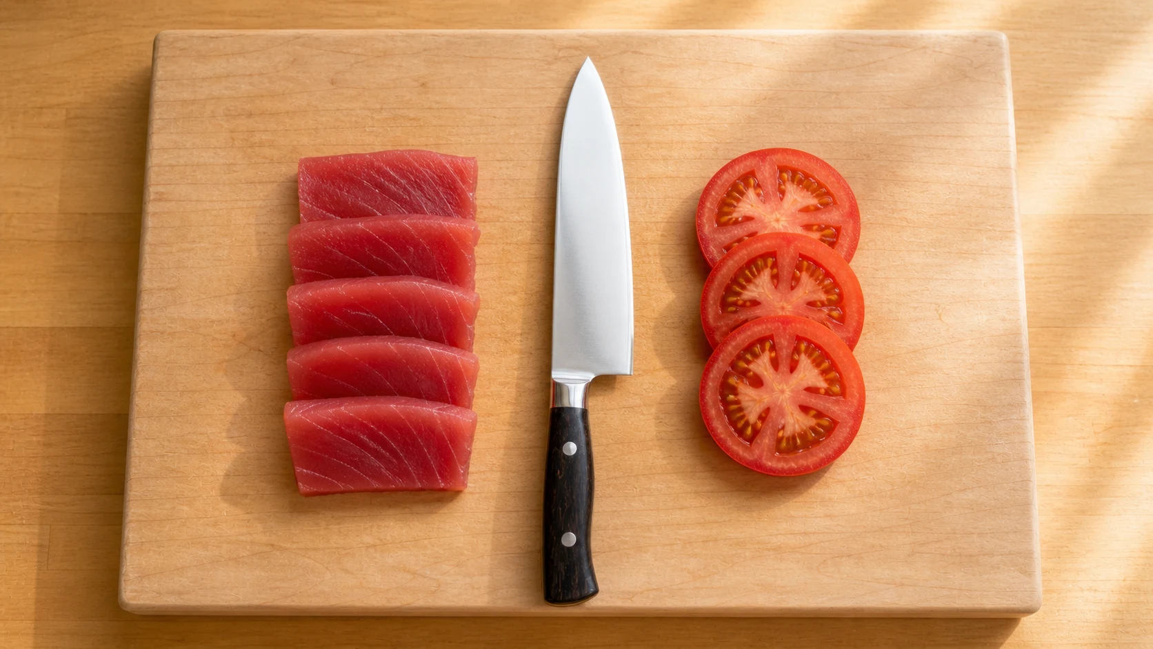 kireaji包丁で切ったマグロ刺身とトマトスライスの俯瞰